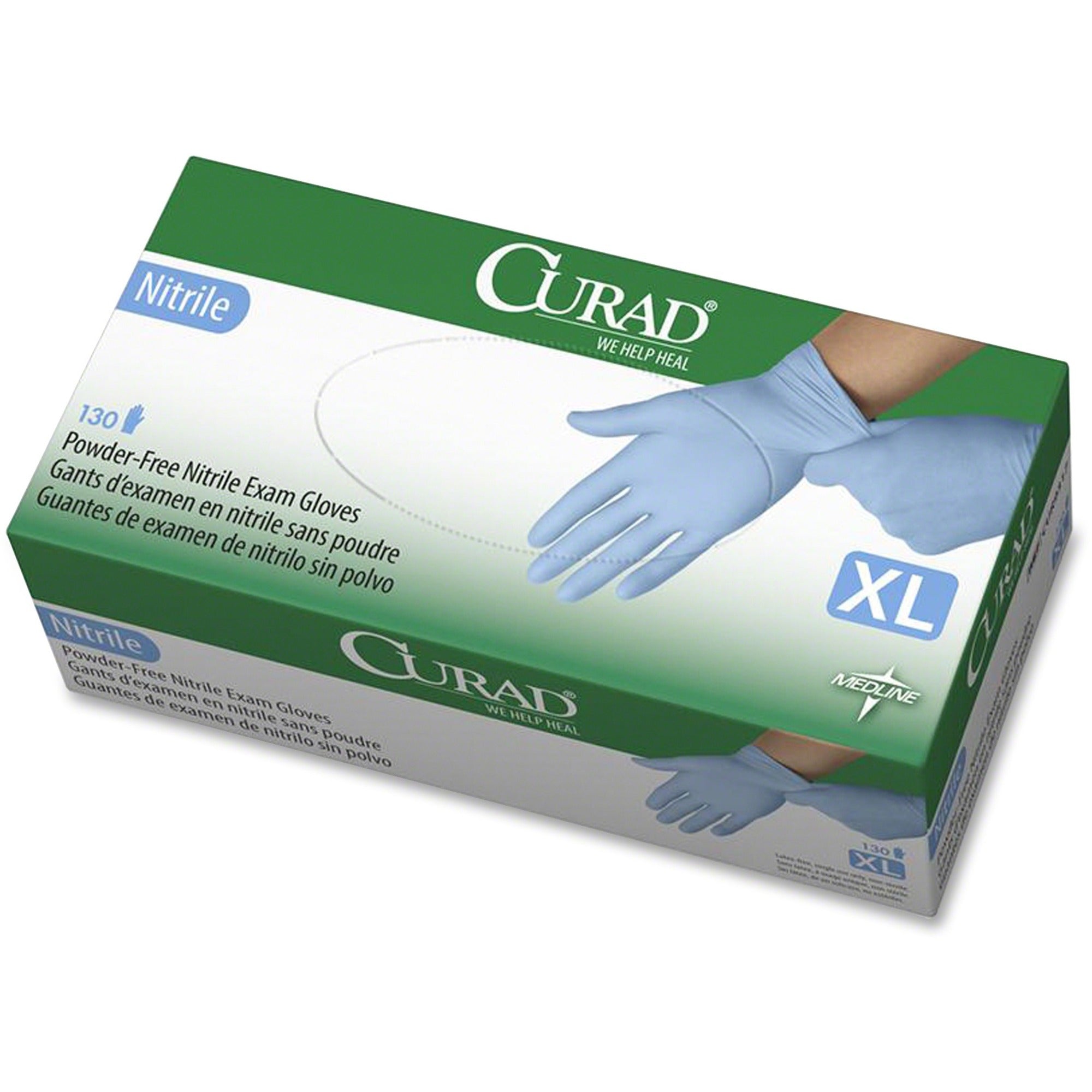 Curad Powder-free Nitrile Disposable Exam Gloves, X-Large, 9.50" Length, Full-Textured, Blue, Latex-free, Non-sterile, Chemical Resistant, 130 Gloves per Box
