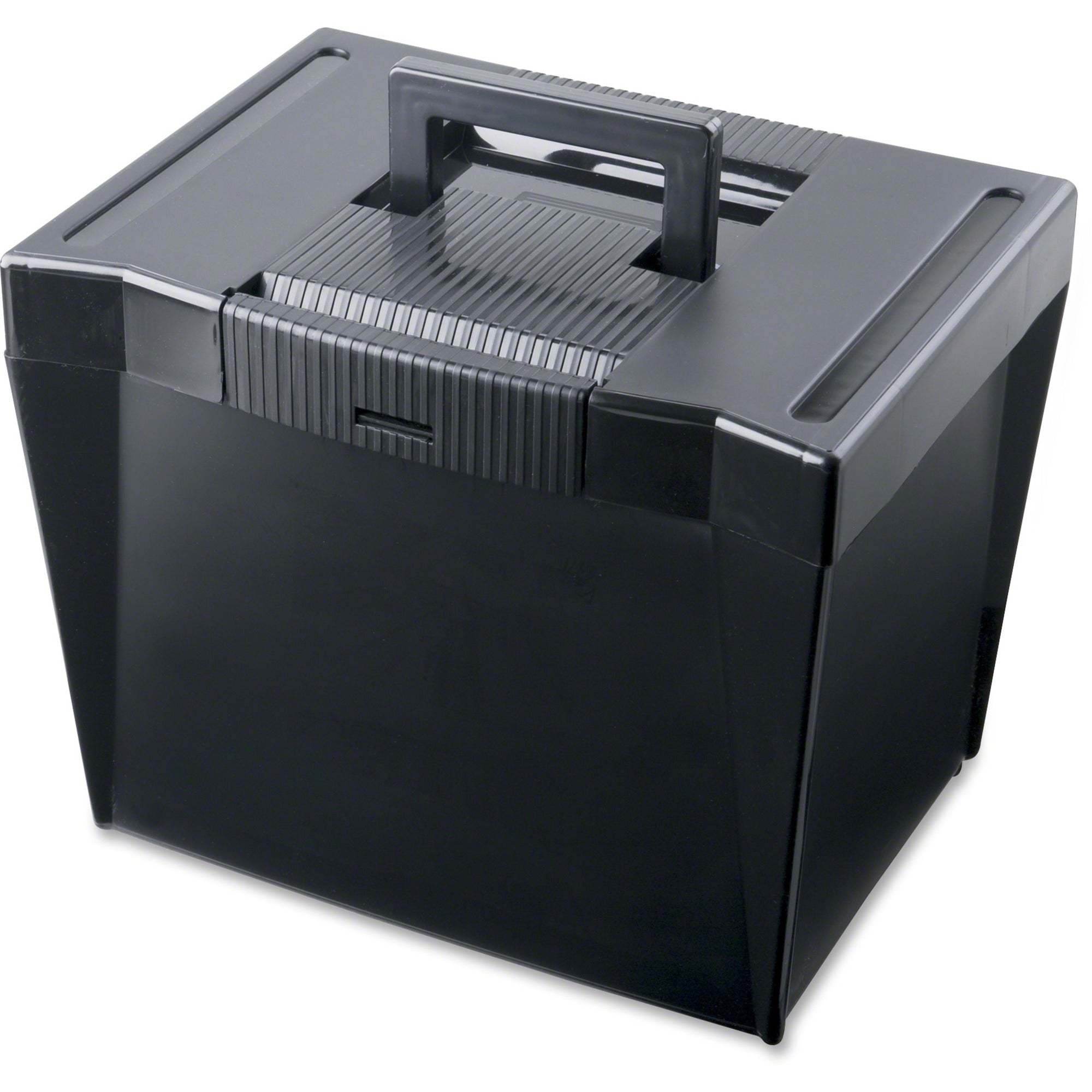 Internal Dimensions: 13.87" Width x 10.75" Depth x 10.25" Height - External Dimensions: 13.5" Width x 10.3" Depth x 10.9" Height - Media Size Supported: Letter - Latch Lock Closure - Stackable - Plastic - Black - For File - 1 Each