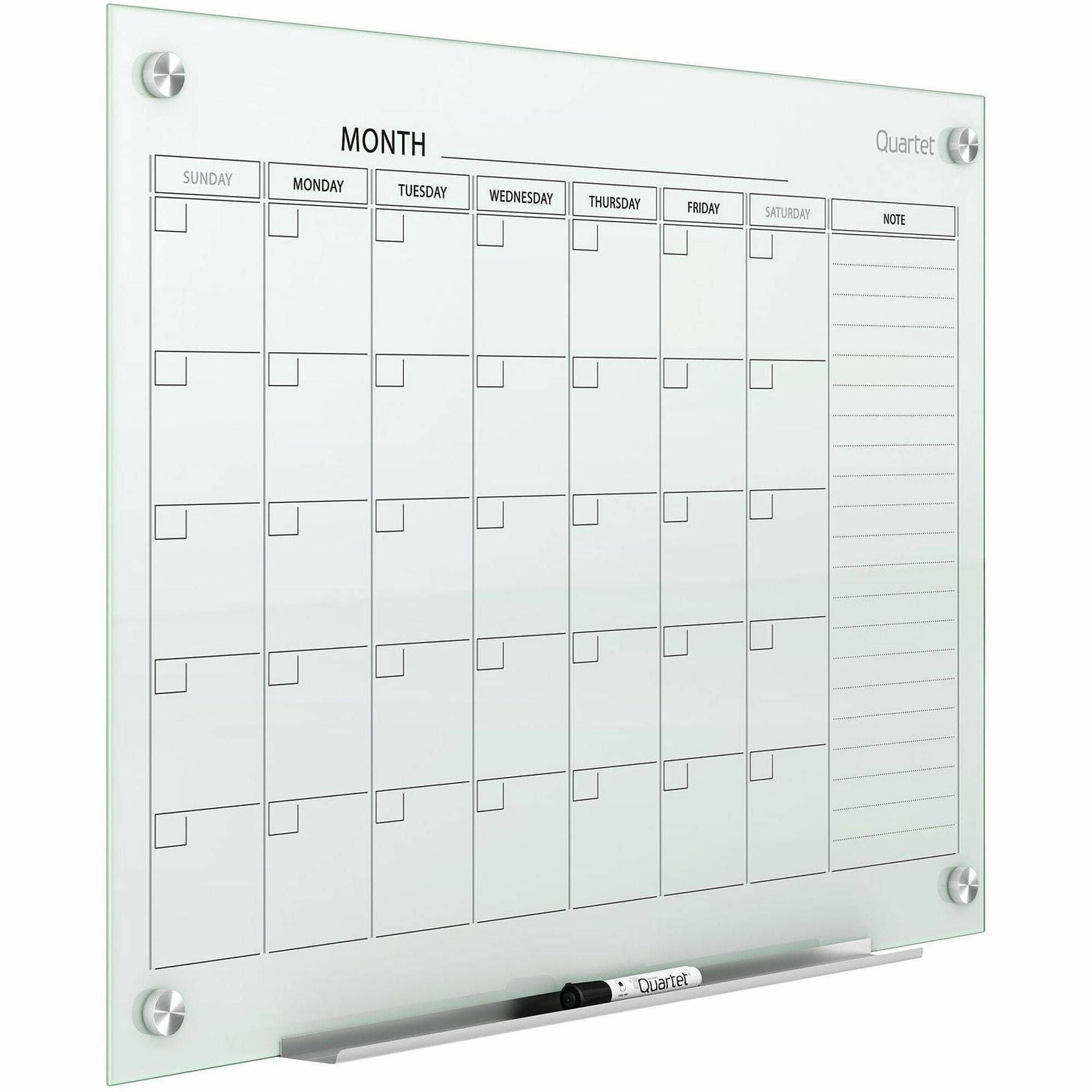 Monthly - 1 Month - White - Tempered Glass - 36" Height x 48" Width - Magnetic, Durable, Stain Resistant, Ghost Resistant, Scratch Resistant, Dent Resistant, Dry Erase Surface, Notes Area - 1 Each