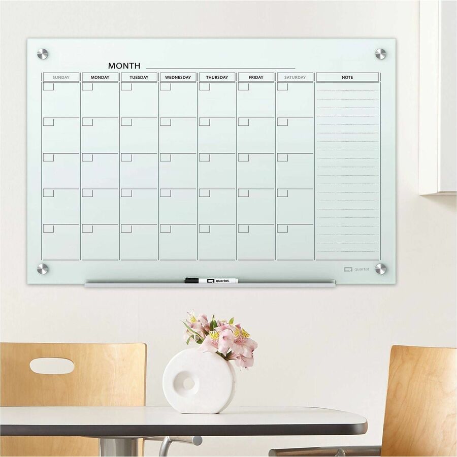 Monthly - 1 Month - White - Tempered Glass - 36" Height x 48" Width - Magnetic, Durable, Stain Resistant, Ghost Resistant, Scratch Resistant, Dent Resistant, Dry Erase Surface, Notes Area - 1 Each