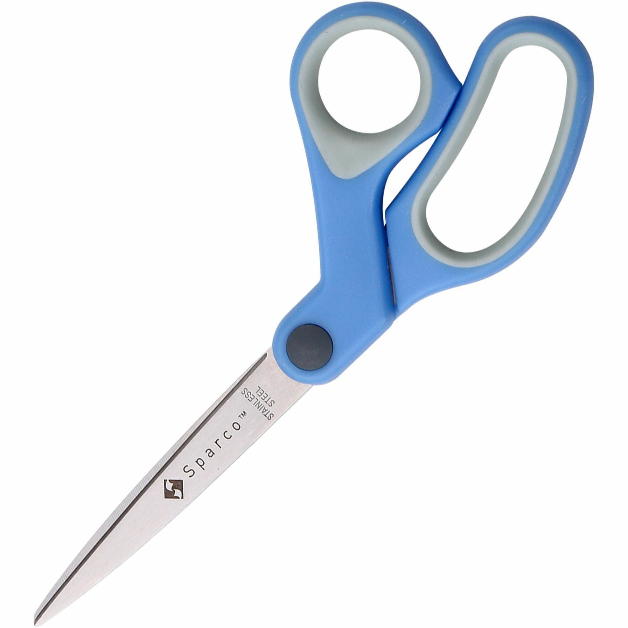 Sparco Bent Multipurpose Scissors, 8" Length, Stainless Steel Blades, Blue Rubber Handle, 1 Each