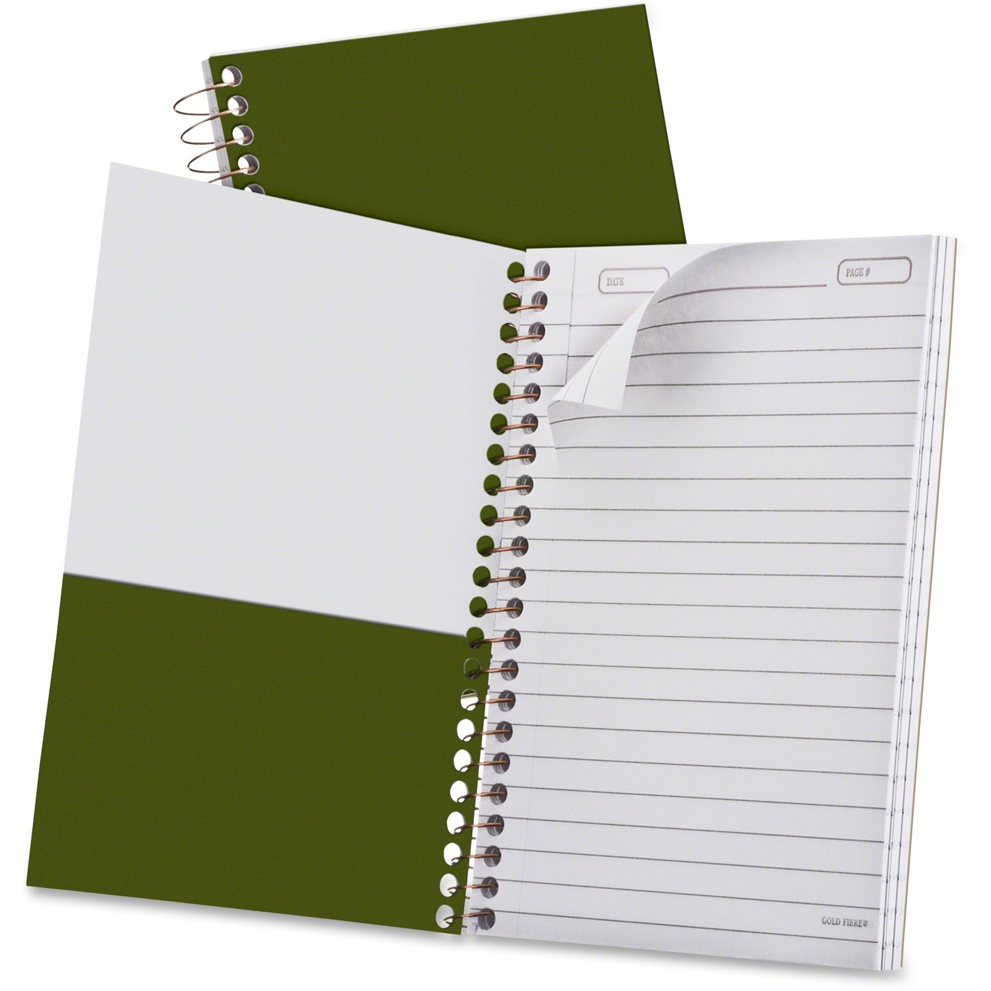100 Sheets - Wire Bound - 0.28" Ruled - 20 lb Basis Weight - 5" x 7" Sheet Size - White Paper - Classic Green Kraft Cover - Micro Perforated, Rigid, Chipboard Backing, Pocket, Easy Tear, Unpunched - 1 Each