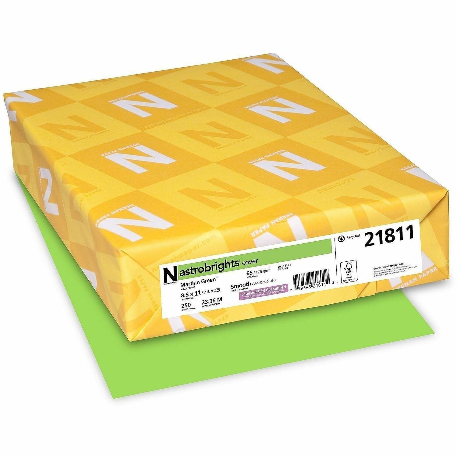 Letter - 8 1/2" x 11" - 65 lb Basis Weight - Martian Green (Lime Green) - 250 Sheets - 250 / Pack