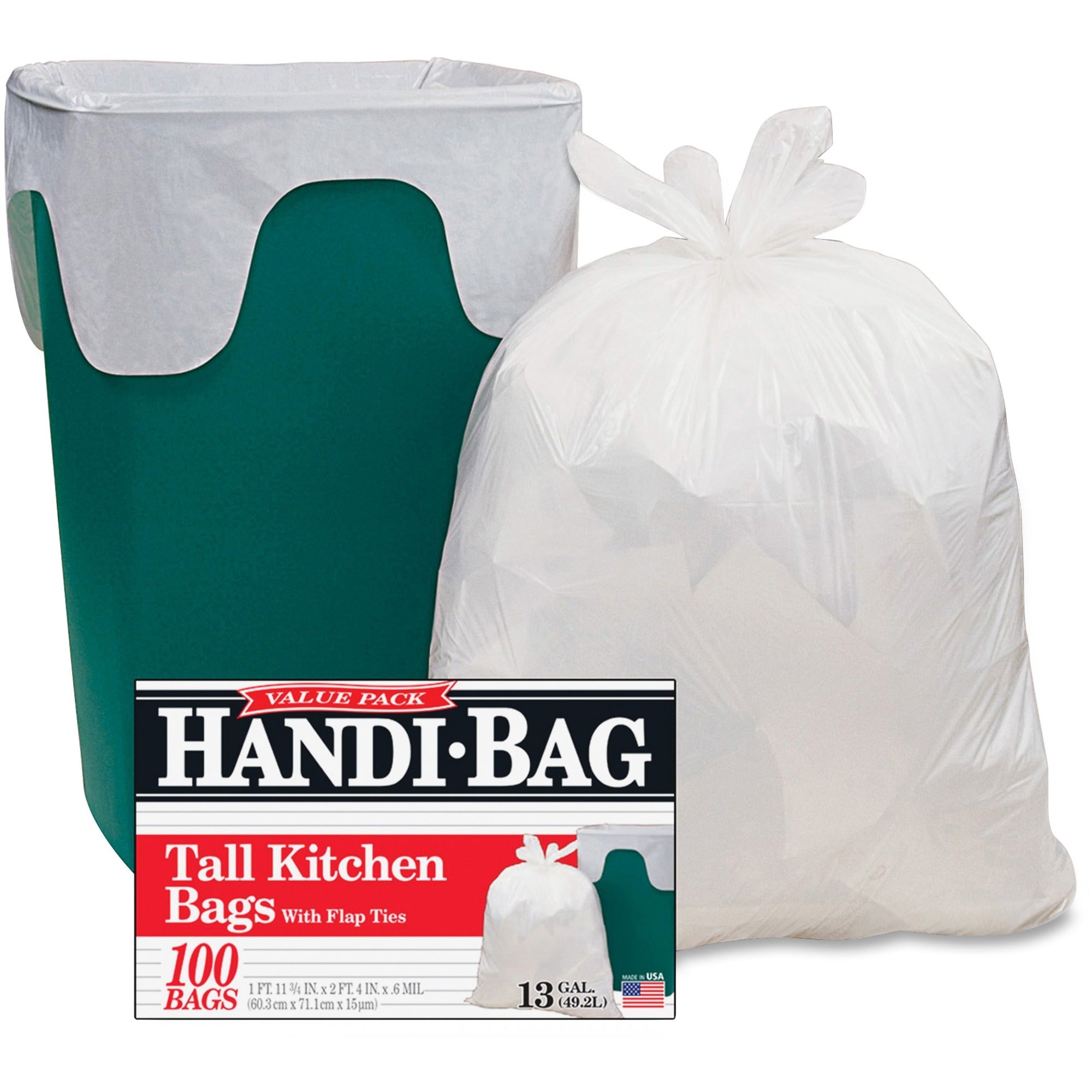Berry Handi-Bag Flap Tie Tall Kitchen Bags, Small, 13 Gallon, 28" x 23.75", 0.60 mil, White, Hexene Resin, 1 Box