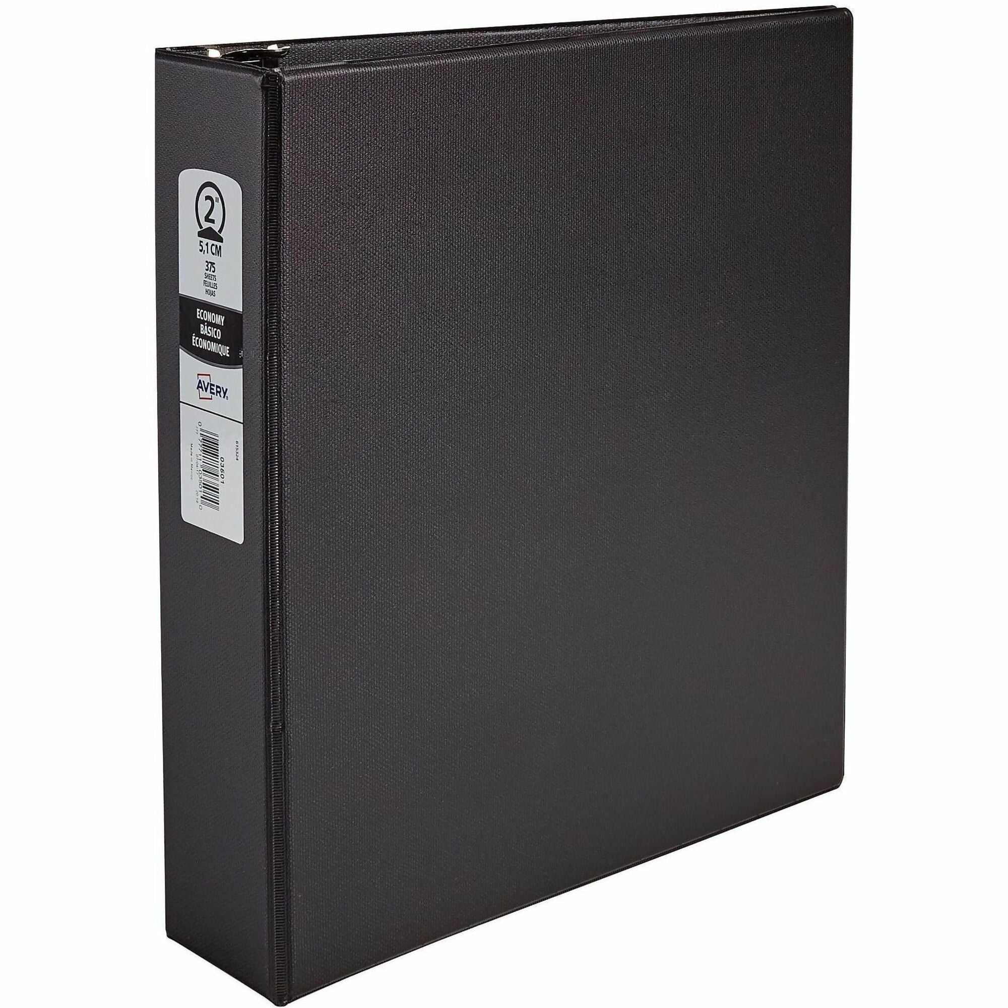 Avery Economy Binder, 2" Capacity, 3 Round Rings, Letter Size (8.5" x 11"), 375 Sheet Capacity, 2 Internal Pockets, Black, Vinyl, Recycled, 1 Each