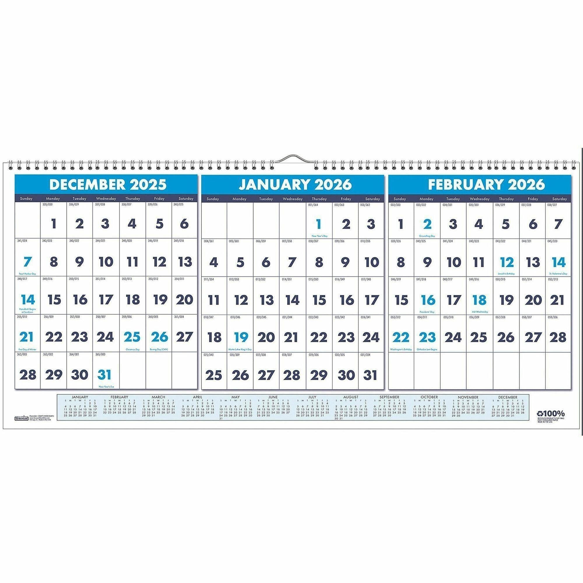 House of Doolittle 3-Month Horizontal Wall Calendar, 14-Month, December 2025–January 2027, 12" x 23.5", Wire Bound, Multi, 1 Each