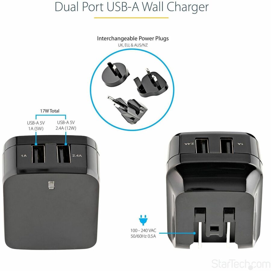 StarTech.com AC Adapter, 17W, 120V/230V AC Input, 5V DC Output, 3.40A, Black, 1 Each