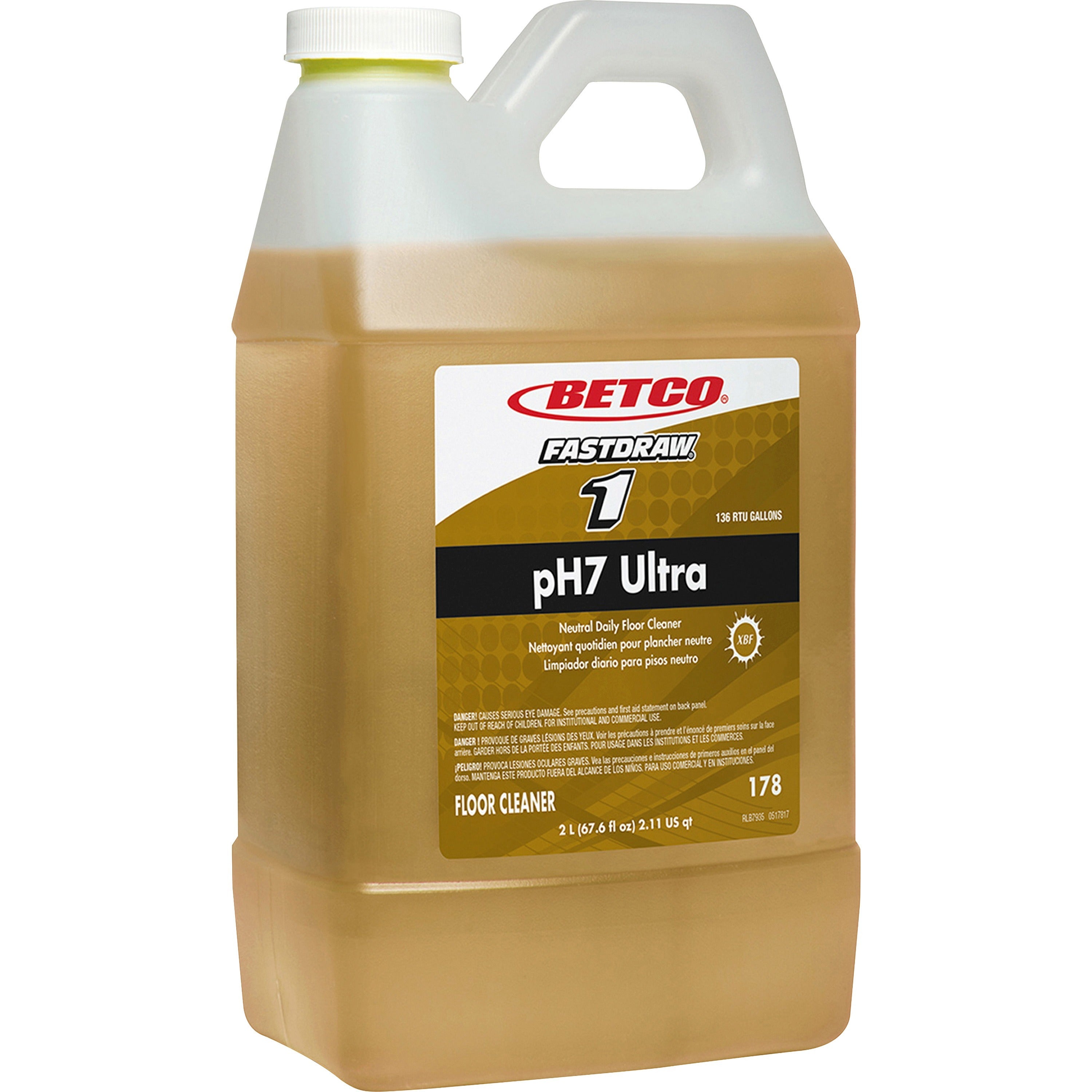 Betco FastDraw 1 pH7 Ultra Floor Cleaner Concentrate, Lemon Scent, Yellow Bottle, 67.6 fl oz (2.1 quart), 1 Each