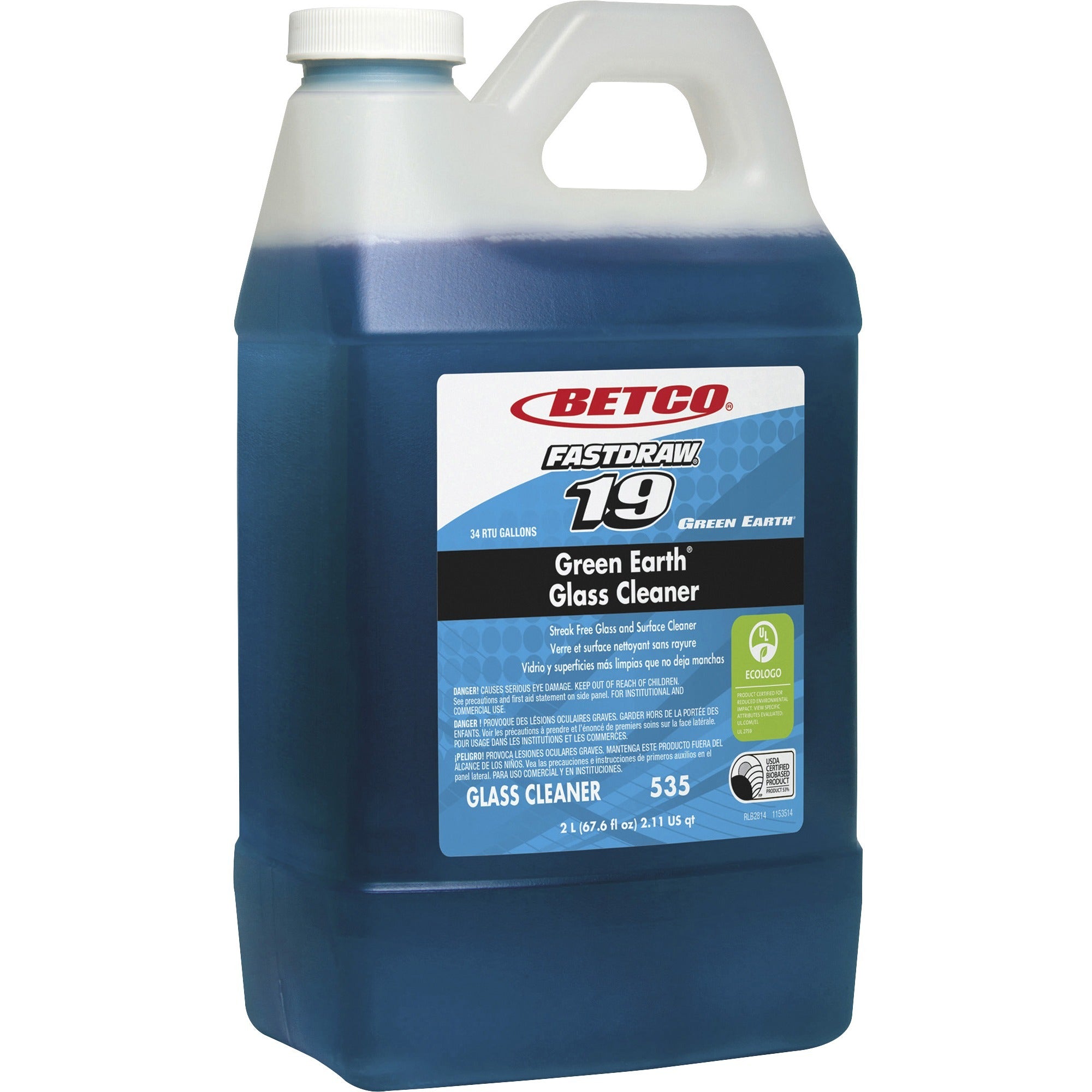 Betco Green Earth FastDraw 19 Glass Cleaner Concentrate, 67.6 fl oz (2.1 quart), Pleasant Scent, Ammonia-Free, Butyl-Free, Non-Streaking, Anti-Fog, Blue Bottle, 1 Each