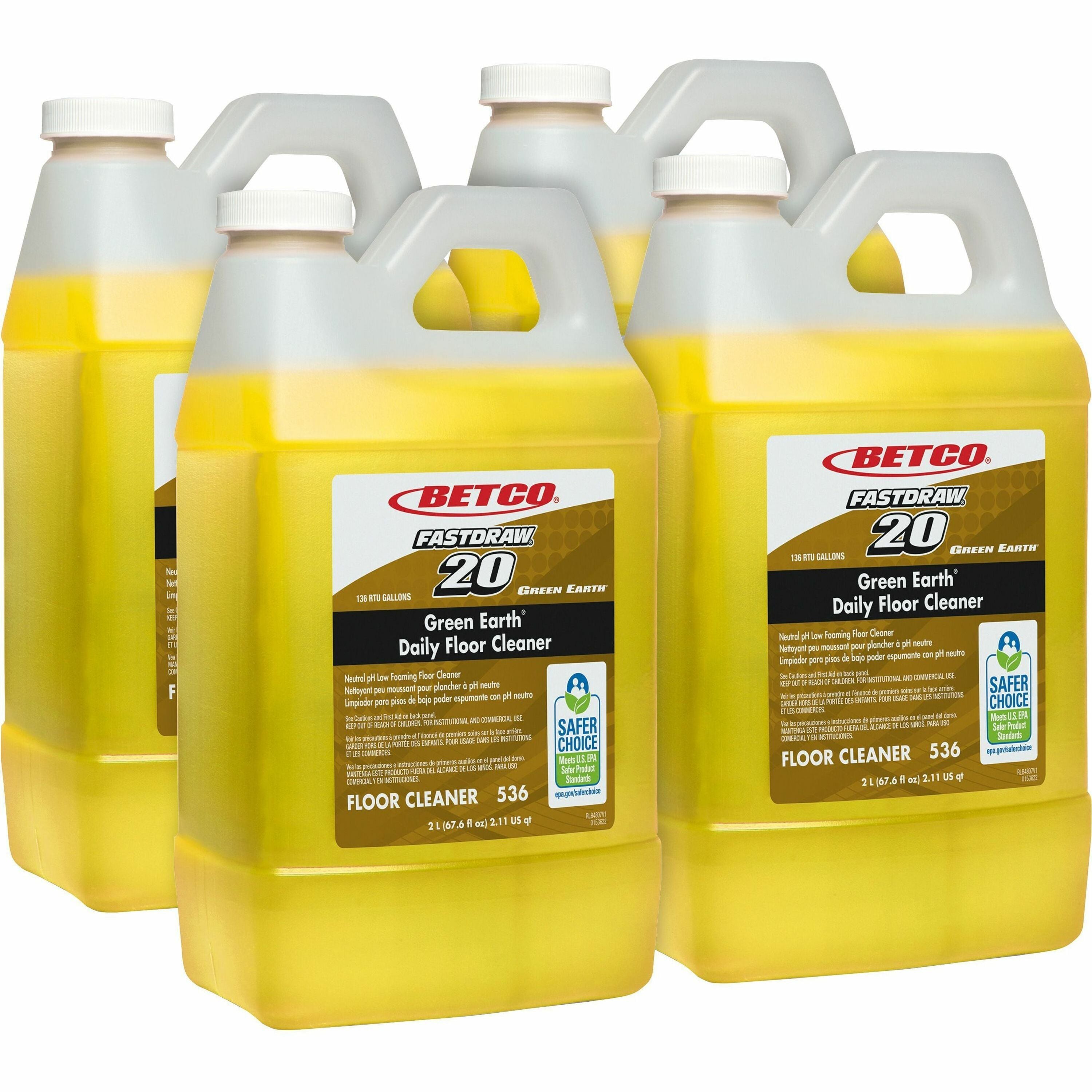 Betco Green Earth Daily Floor Cleaner Concentrate, 67.6 fl oz (2.1 qt) Yellow Bottle, Fragrance-Free, 4 Bottles per Carton