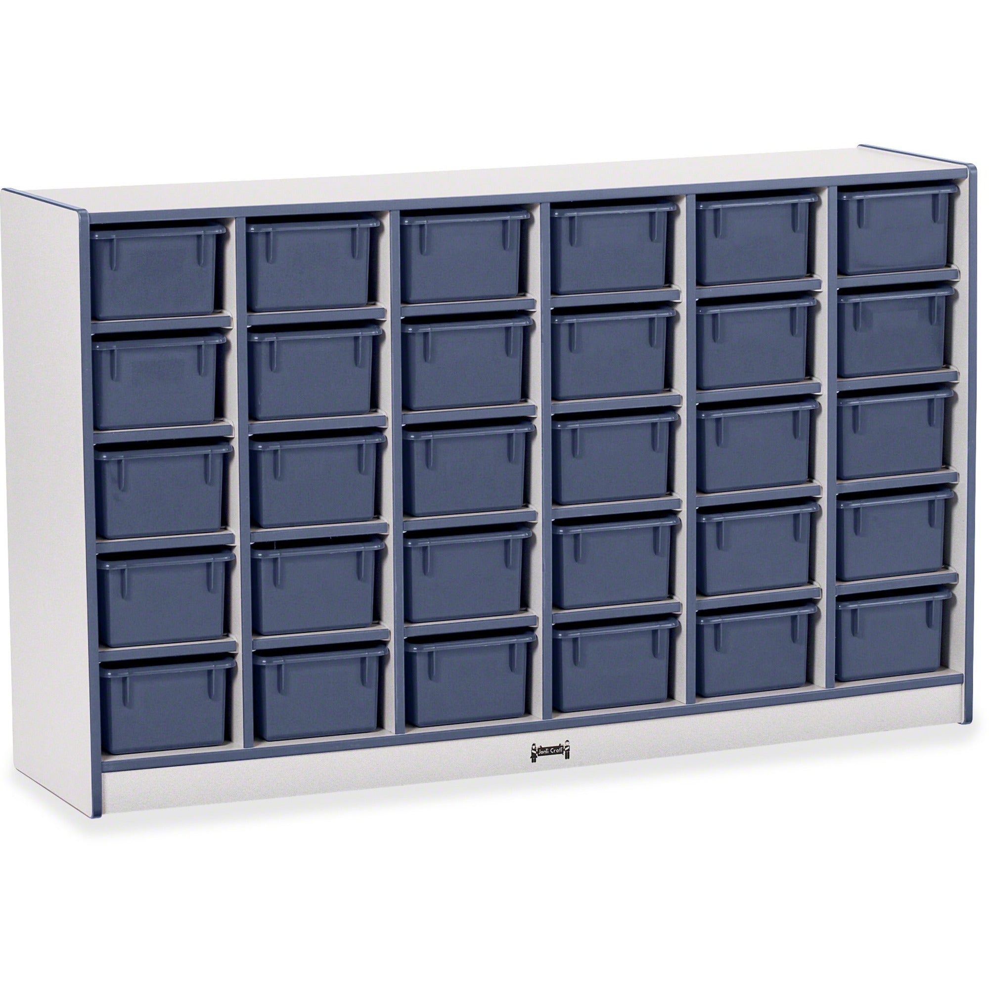 Jonti-Craft Rainbow Accents Cubbie-trays Storage Unit, 30 Compartments, 35.50"H x 57.50"W x 15"D, Laminated, Chip Resistant, Navy, Rubber, 1 Each
