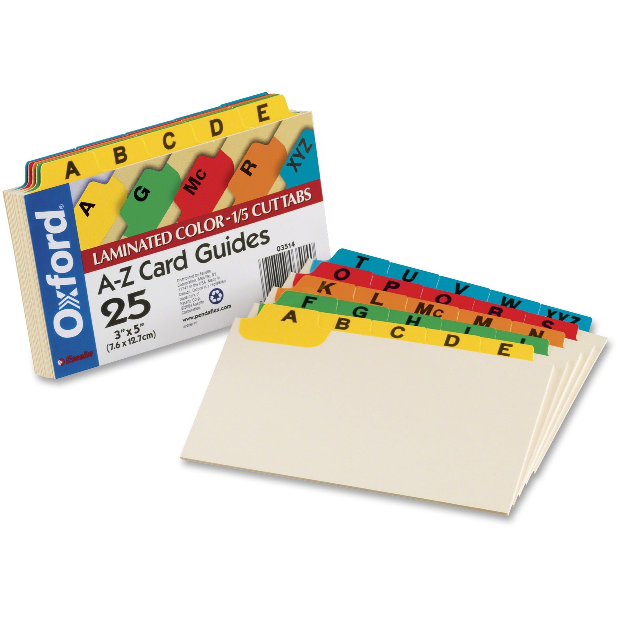 Oxford A-Z Laminated Tab Card Guides, 25 Dividers, 5" Wide, Manila with Assorted Color Tabs, Heavy Duty, Tear and Bend Resistant, Acid-Free, Durable, Printed A-Z Tabs, 25 per Set
