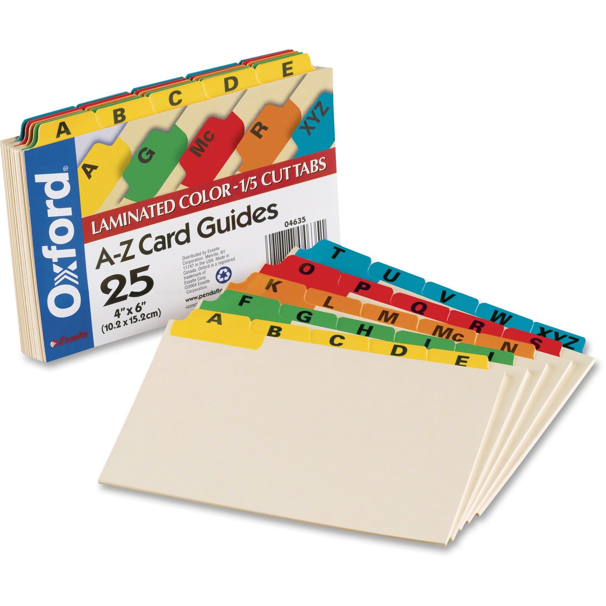 Oxford A-Z Laminated Tab Card Guides, 25 Dividers, 6" Wide, Manila with Assorted Color Tabs, Heavy Duty, Tear and Bend Resistant, Acid-Free