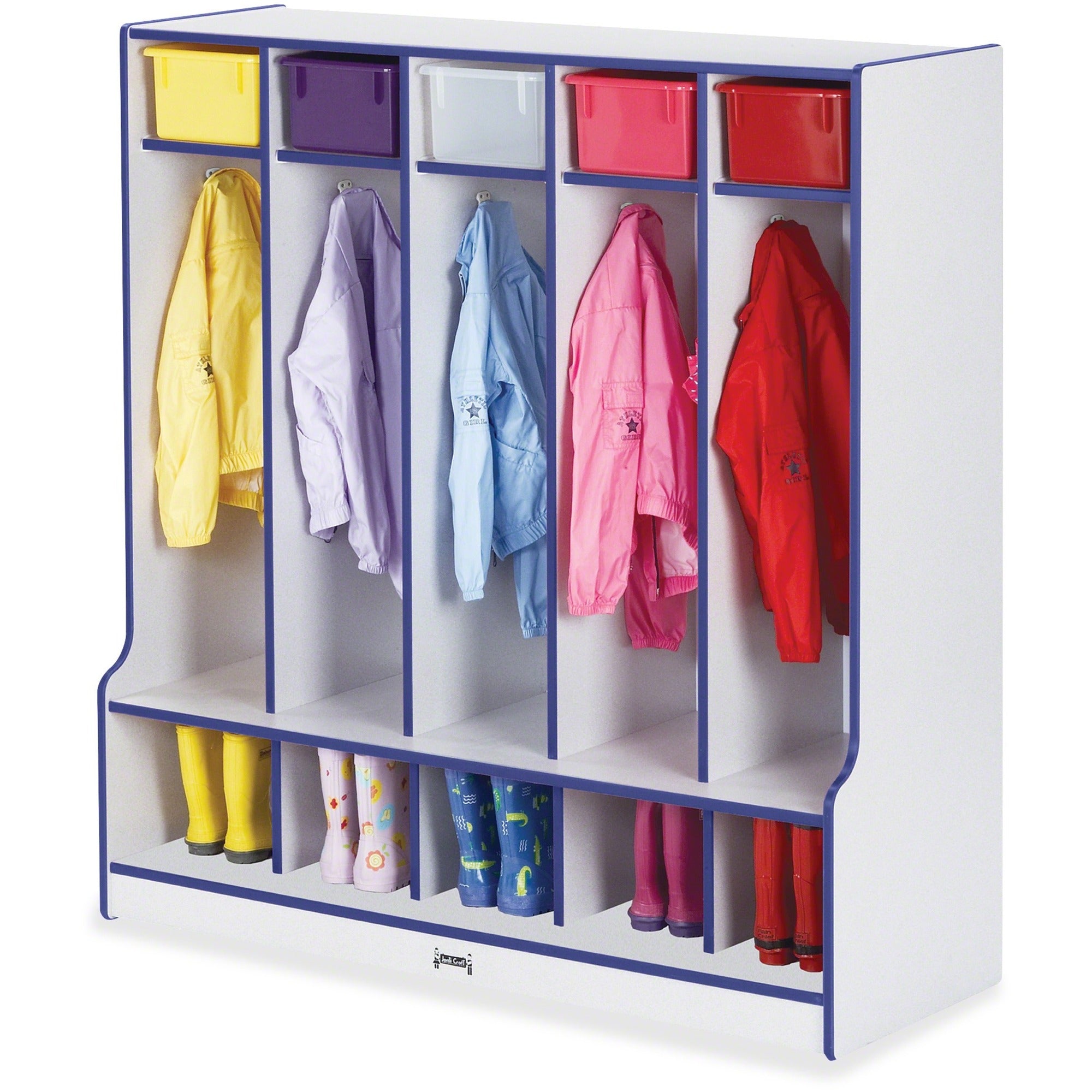 Jonti-Craft Rainbow Accents Step 5 Section Locker, 5 Compartments, Double Hook, Durable, Blue, 50.50"H x 48"W x 17.50"D, 1 Each