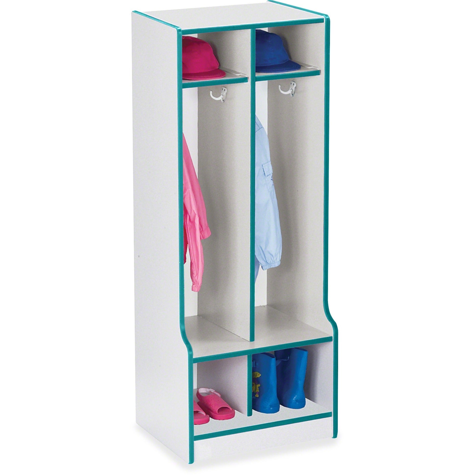 Jonti-Craft Rainbow Accents Double Coat Hooks Step Locker, 2 Compartments, Double Hook, Teal, 50.50"H x 20"W x 17.50"D, 1 Each