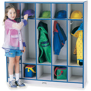 Jonti-Craft Rainbow Accents 5-Section Coat Locker, 5 Compartments, Double Hooks, Laminated, Rounded Corners, Blue, 50.50"H x 48"W x 15"D, 1 Each