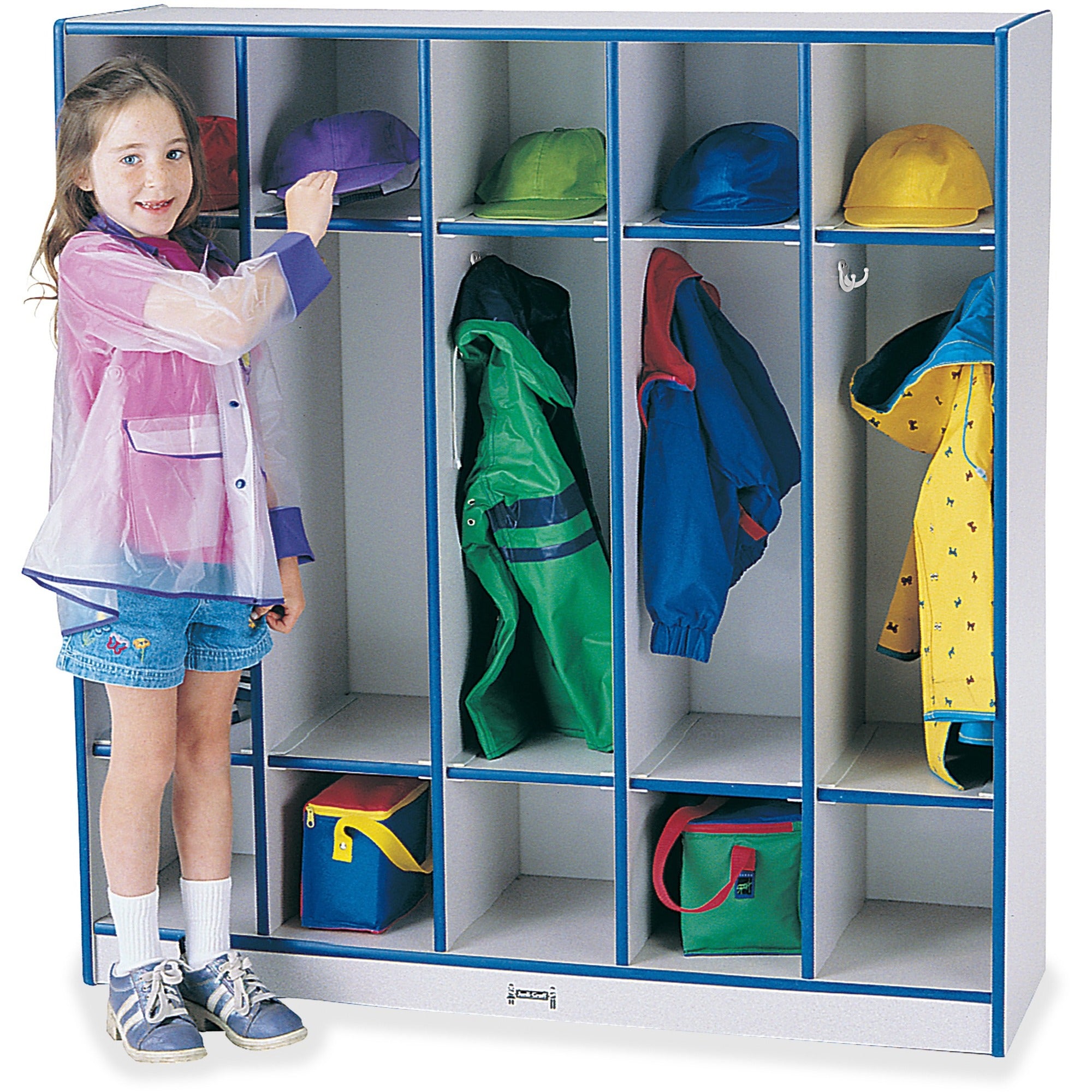 Jonti-Craft Rainbow Accents 5-Section Coat Locker, 5 Compartments, Double Hooks, Laminated, Rounded Corners, Blue, 50.50"H x 48"W x 15"D, 1 Each