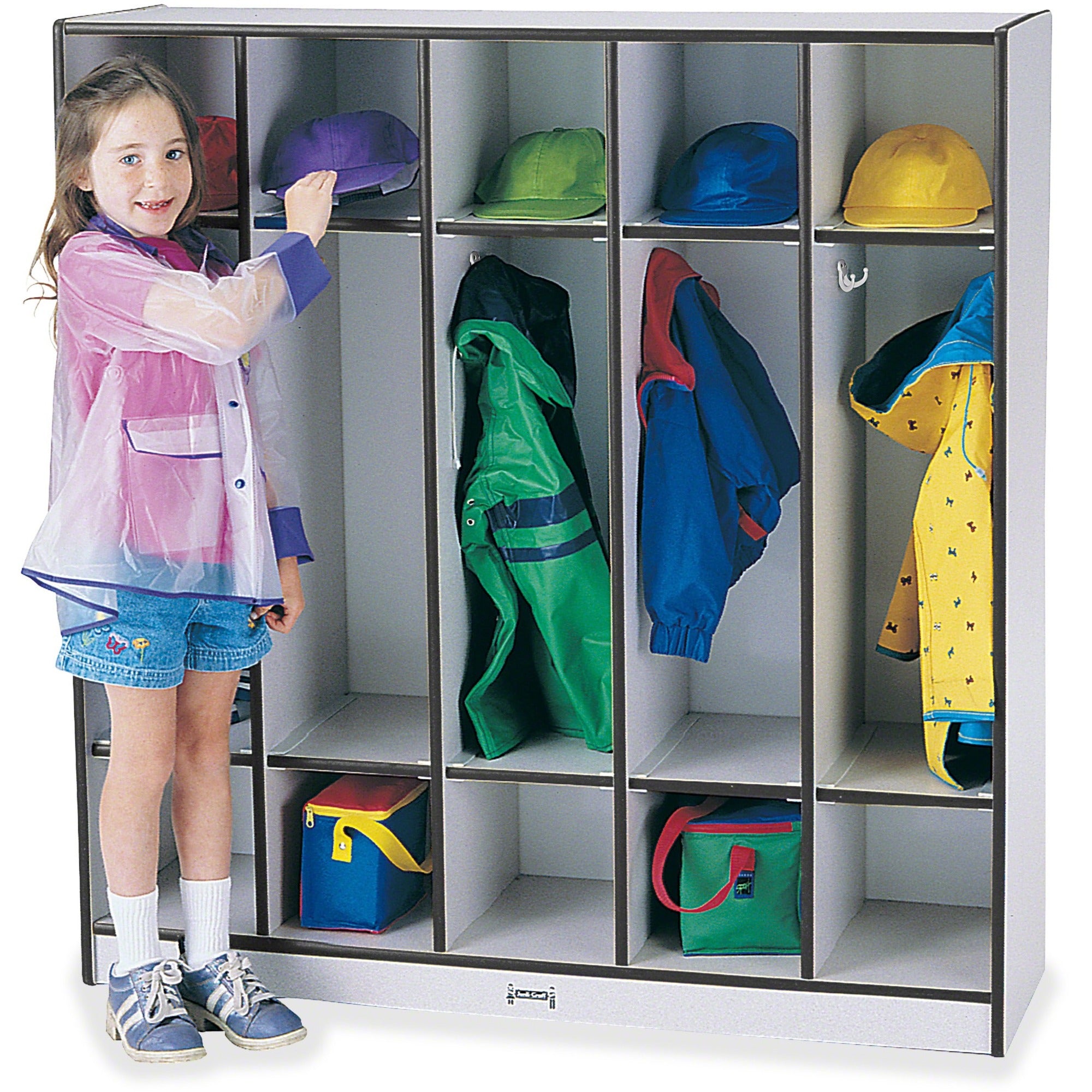 Jonti-Craft Rainbow Accents 5-Section Coat Locker, 5 Compartments, Double Hooks, Laminated, Rounded Corners, Black, 50.50"H x 48"W x 15"D, 1 Each