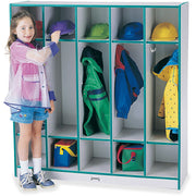 Jonti-Craft Rainbow Accents 5-Section Coat Locker, 5 Compartments, Double Hooks, Laminated, Rounded Corners, Teal, 50.5"H x 48"W x 15"D, 1 Each