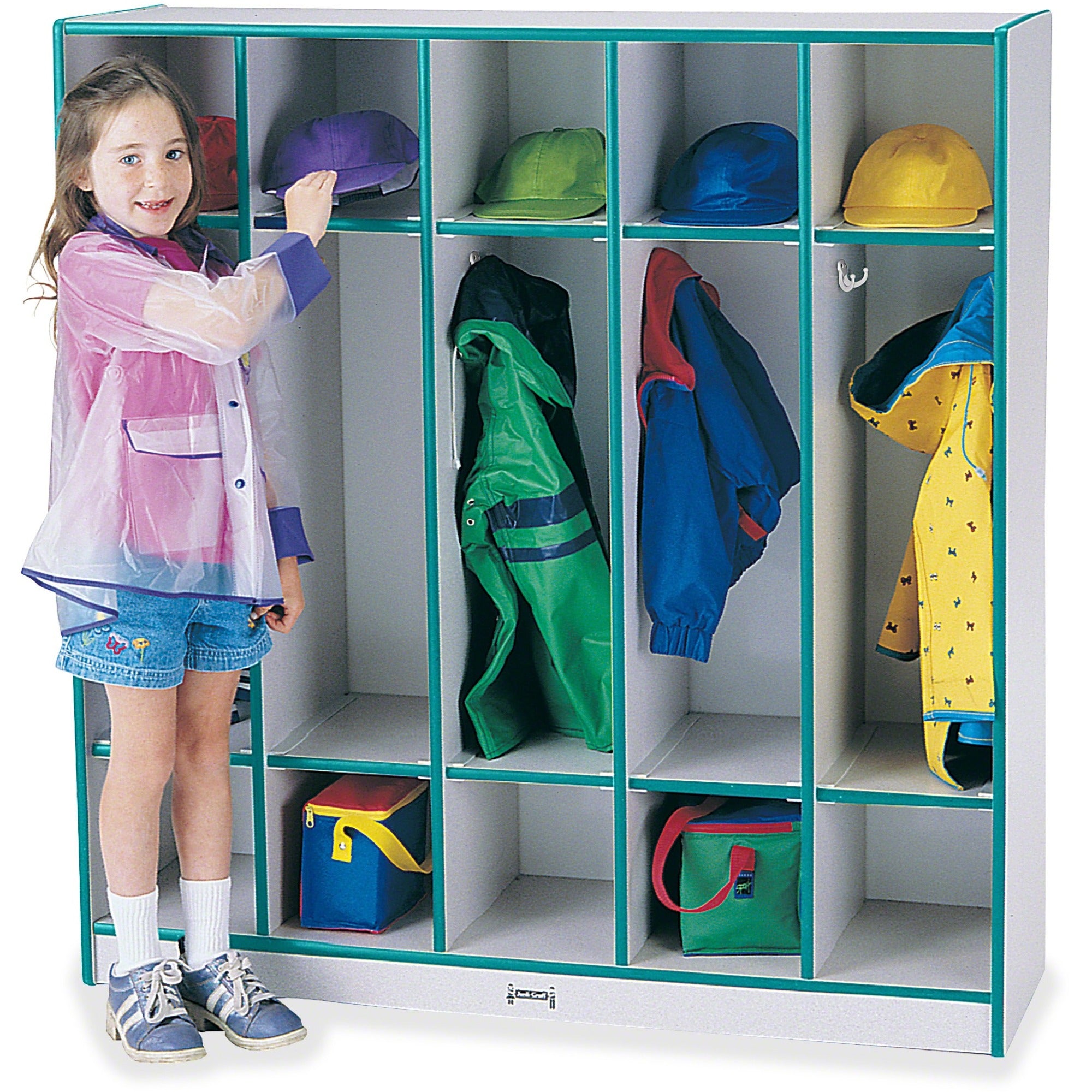 Jonti-Craft Rainbow Accents 5-Section Coat Locker, 5 Compartments, Double Hooks, Laminated, Rounded Corners, Teal, 50.5"H x 48"W x 15"D, 1 Each