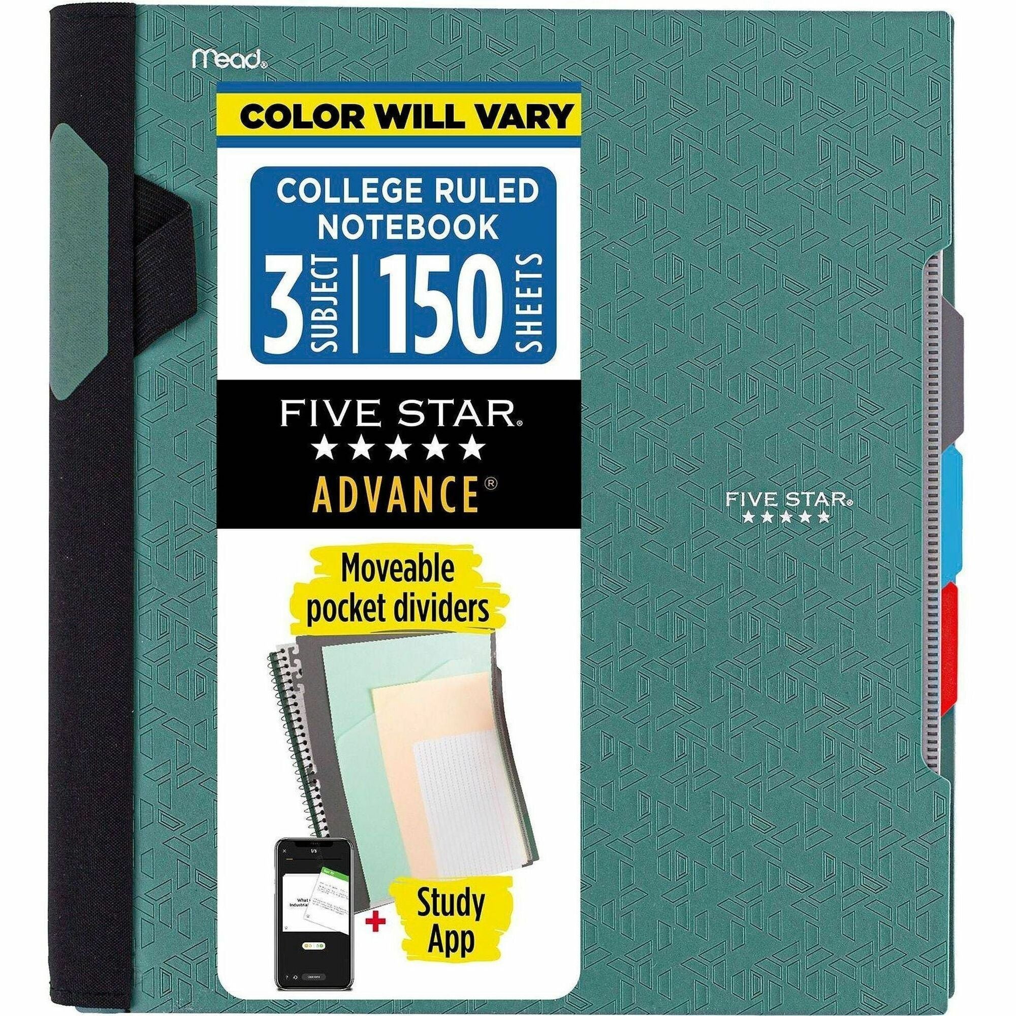 Mead Five Star College Ruled Subject Notebook, 150 Pages, Spiral Binding, 11" x 10.1", Assorted Durable Plastic Cover with Tabbed Dividers, Expandable Pocket, Pen Loop, 1 Each
