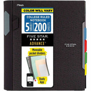 Mead Five Star College Ruled Subject Notebook, 200 Pages, Spiral Binding, 11" x 10.2", Assorted Durable Plastic Cover, Tabbed Dividers, Expandable Pocket, Pen Loop, 1 Each
