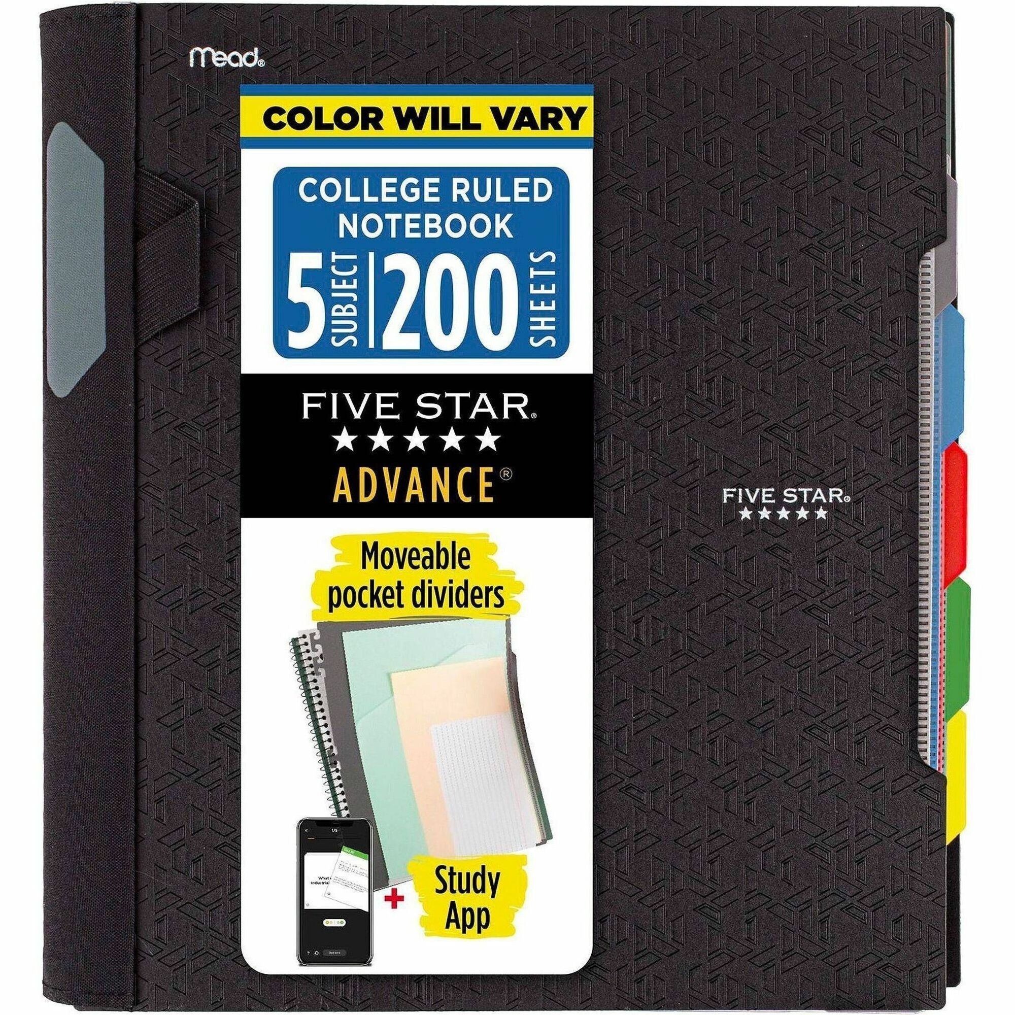 Mead Five Star College Ruled Subject Notebook, 200 Pages, Spiral Binding, 11" x 10.2", Assorted Durable Plastic Cover, Tabbed Dividers, Expandable Pocket, Pen Loop, 1 Each