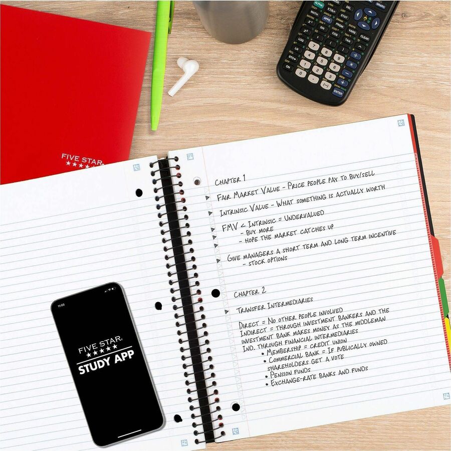 Mead Five Star College Ruled Subject Notebook, 200 Pages, Spiral Binding, 11" x 10.2", Assorted Durable Plastic Cover, Tabbed Dividers, Expandable Pocket, Pen Loop, 1 Each