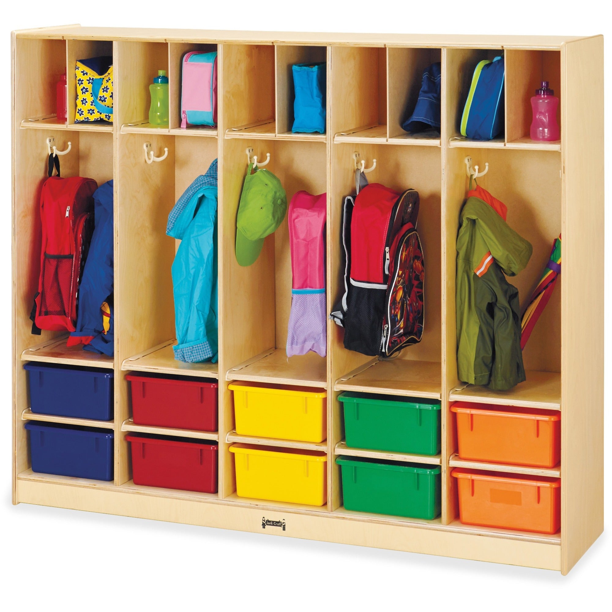 Jonti-Craft Rainbow Accents Large Locker Organizer, 4 Tiers, 50.5"H x 60"W x 15"D, Baltic Finish, Wood/MDF, Includes 10 Colored Tubs, Double Hooks, Rounded Corners, Stain & Yellowing Resistant, 1 Each