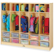 Jonti-Craft Rainbow Accents Large Locker Organizer, 4 Tiers, 50.5"H x 60"W x 15"D, Baltic Finish, Wood/MDF, Includes 10 Clear Tubs, Double Hooks, Rounded Corners, Stain & Yellowing Resistant, 1 Each