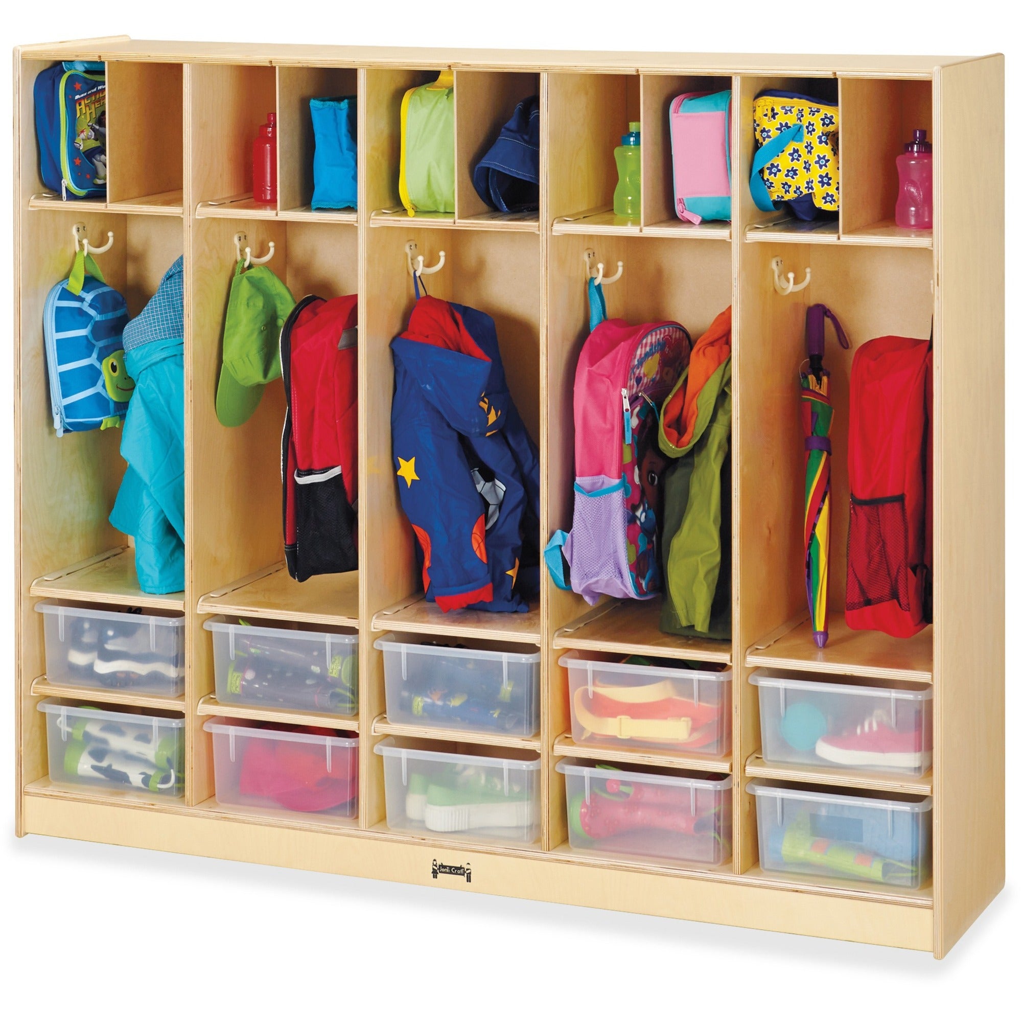 Jonti-Craft Rainbow Accents Large Locker Organizer, 4 Tiers, 50.5"H x 60"W x 15"D, Baltic Finish, Wood/MDF, Includes 10 Clear Tubs, Double Hooks, Rounded Corners, Stain & Yellowing Resistant, 1 Each