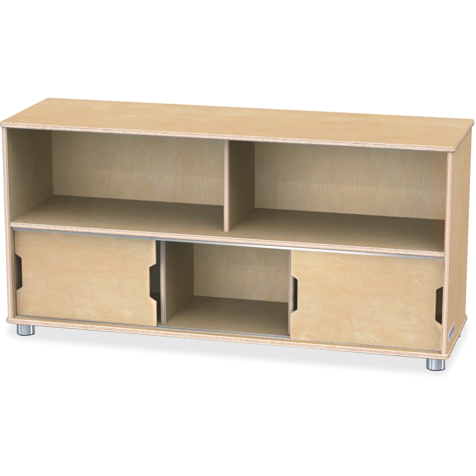 Jonti-Craft TrueModern Storage Shelves, 24"H x 48.5"W x 15"D, Sliding Doors, UV Acrylic Finish, Rounded Corners, Anodized Aluminum & Baltic Birch, Baltic Color, 1 Each