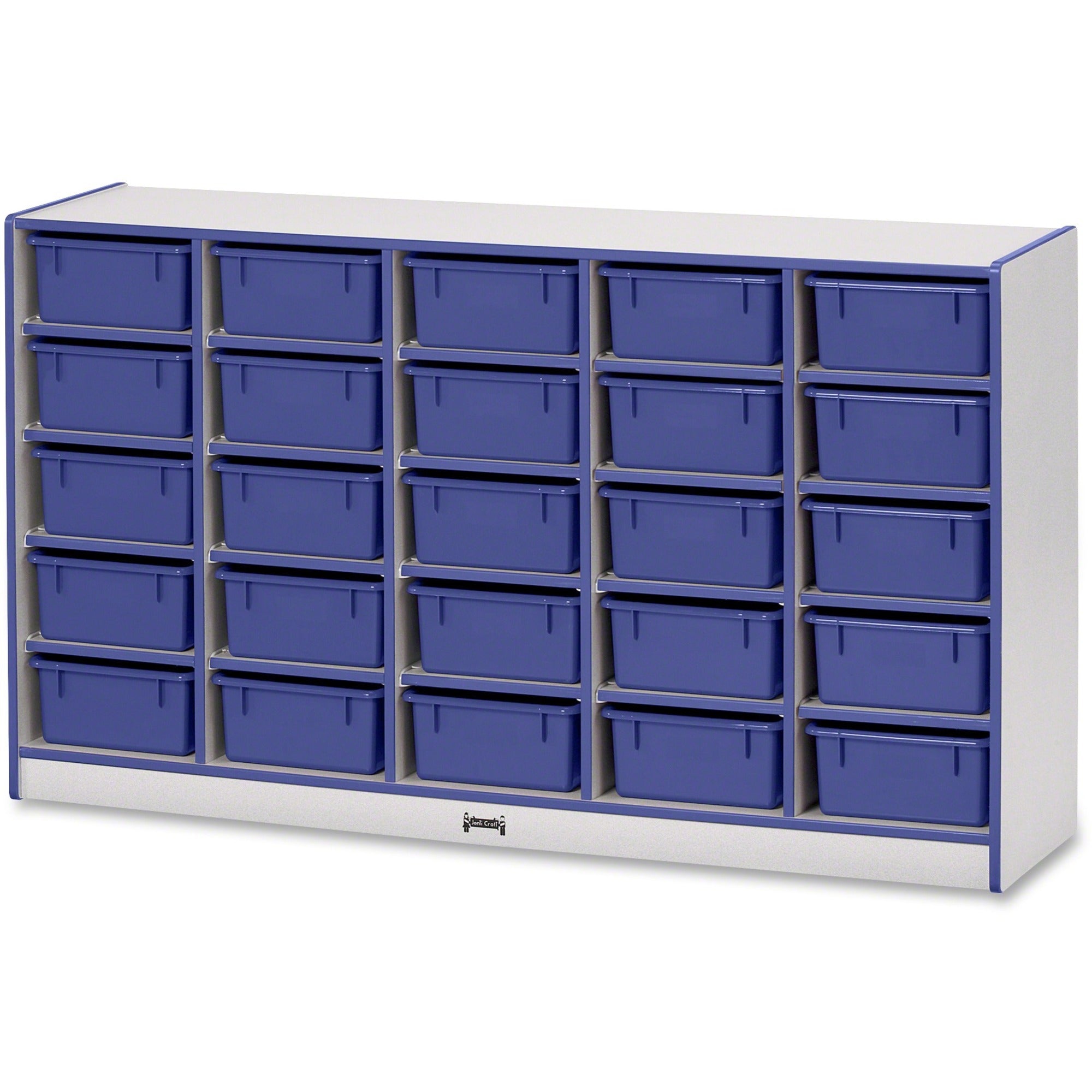 Jonti-Craft Rainbow Accents Mobile Tub Bin Storage, 25 Compartments, 35.5"H x 60"W x 15"D, Blue, Hard Rubber, 1 Each