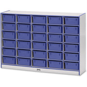 Jonti-Craft Rainbow Accents Mobile Tub Bin Storage, 30 Compartments, 42"H x 60"W x 15"D, Durable Laminated Blue Finish, Hard Rubber Wheels, Includes 30 Tubs, 1 Each