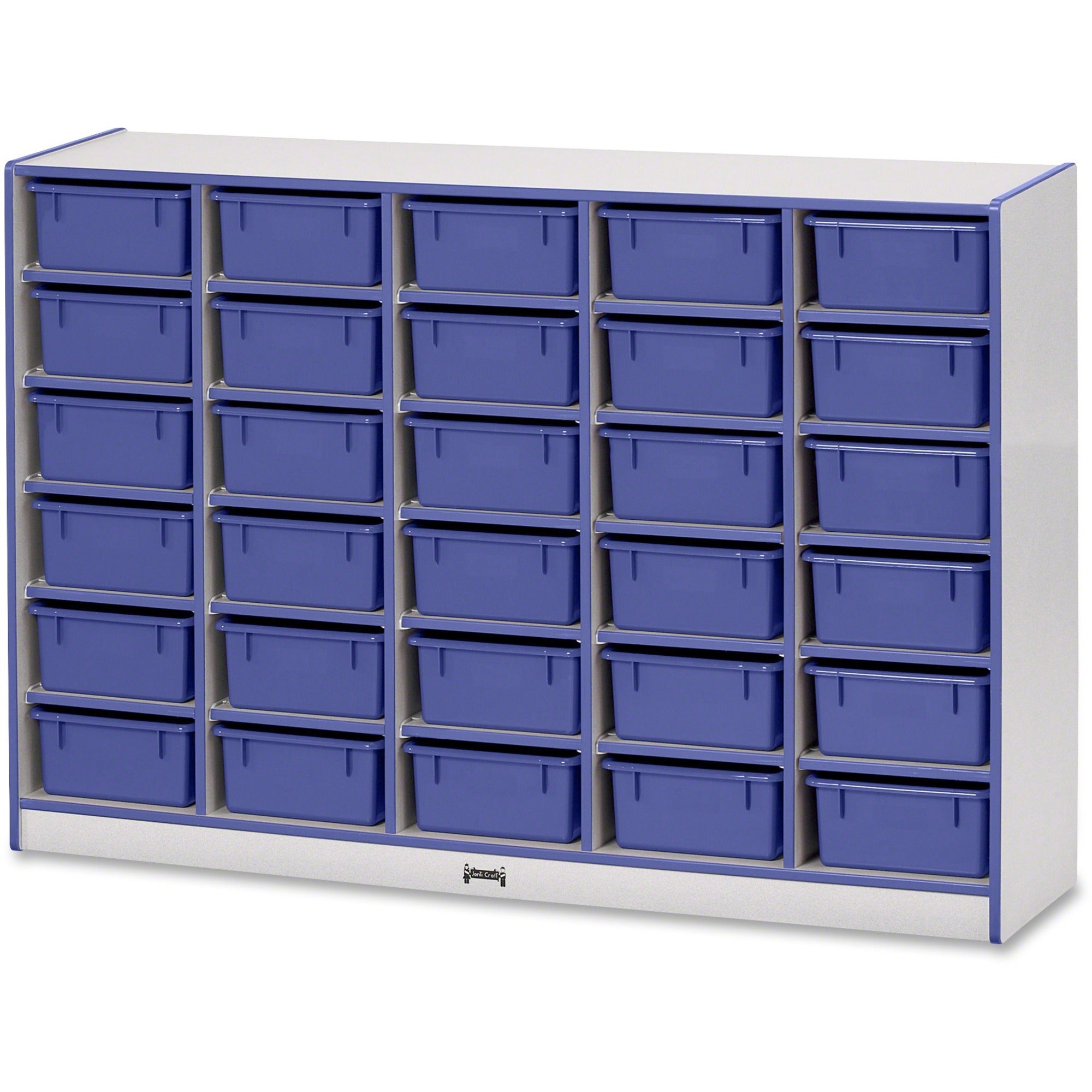 Jonti-Craft Rainbow Accents Mobile Tub Bin Storage, 30 Compartments, 42"H x 60"W x 15"D, Durable Laminated Blue Finish, Hard Rubber Wheels, Includes 30 Tubs, 1 Each