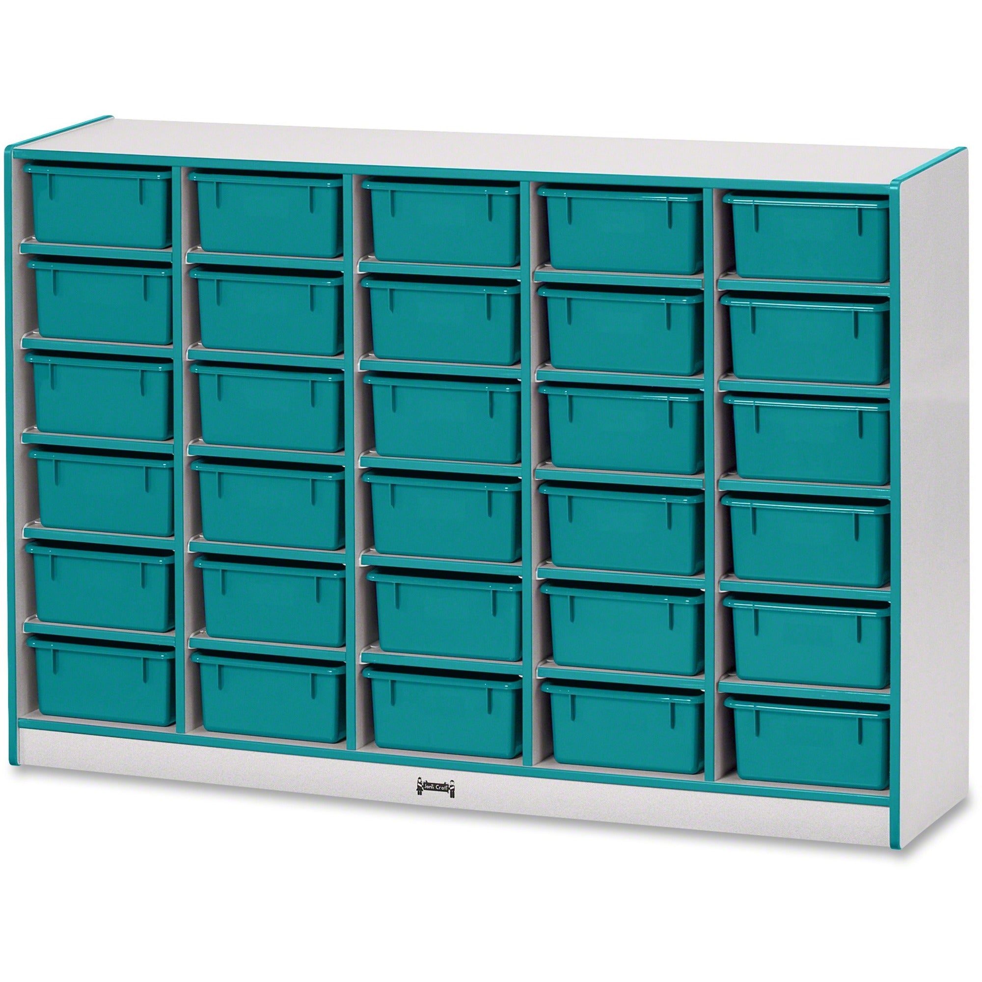 Jonti-Craft Rainbow Accents Mobile Tub Bin Storage, 30 Compartments, 42"H x 60"W x 15"D, Teal, Hard Rubber, 1 Each