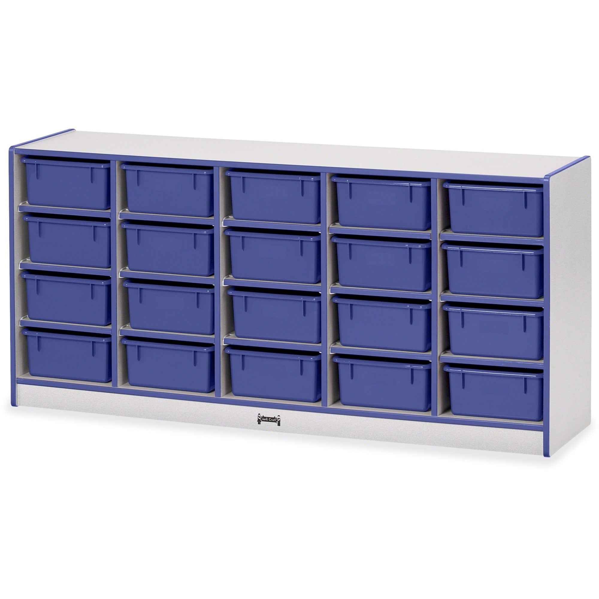 Jonti-Craft Rainbow Accents Mobile Tub Bin Storage, 20 Compartments, 29.5"H x 24.5"W x 15"D, Blue, Hard Rubber, Laminated, Includes 20 Tubs, 1 Each