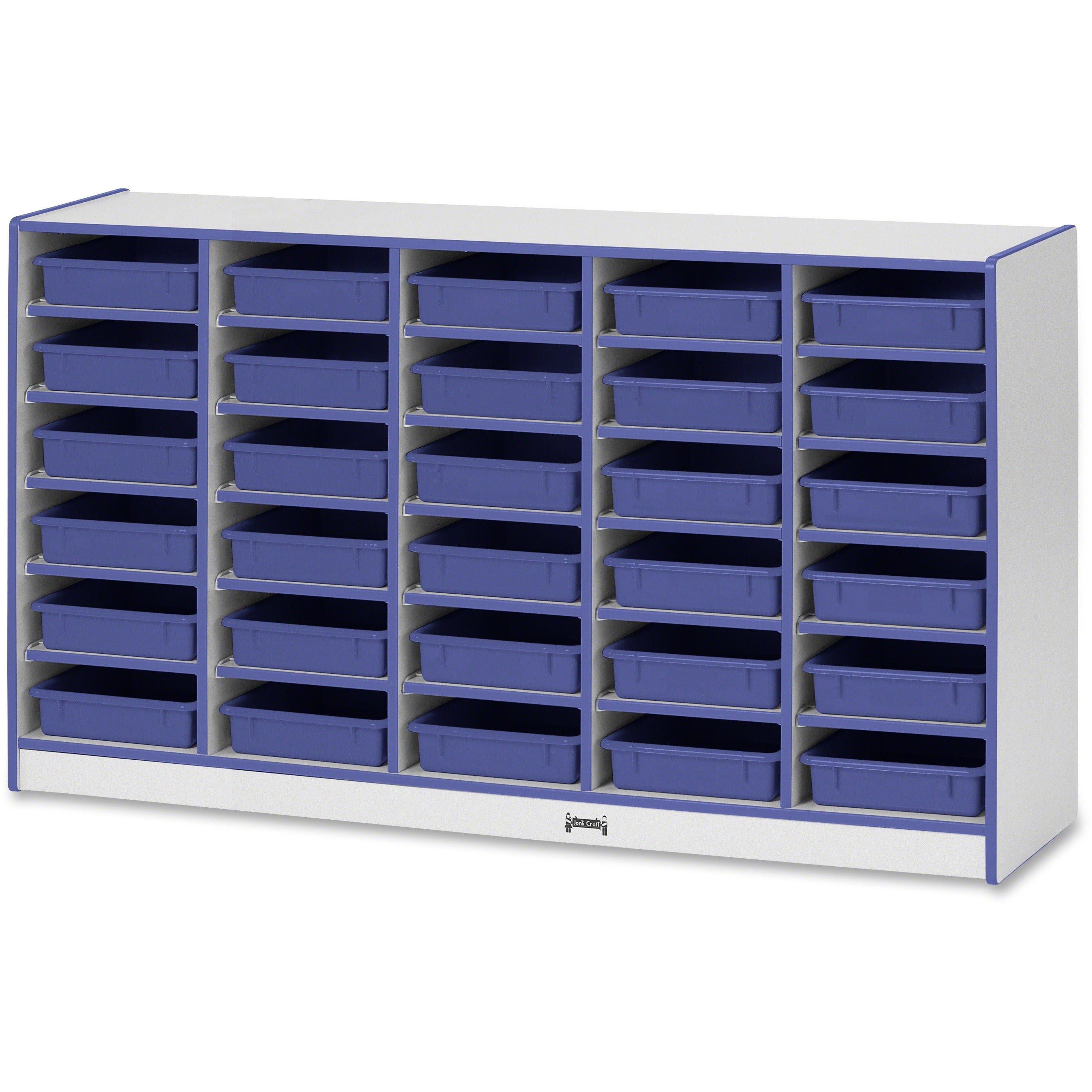 Jonti-Craft Rainbow Accents Mobile Paper-Tray Storage, 30 Compartments, Blue, Chip Resistant, Laminated, Rubber Wheels, 35.5"H x 60"W x 15"D, 1 Each