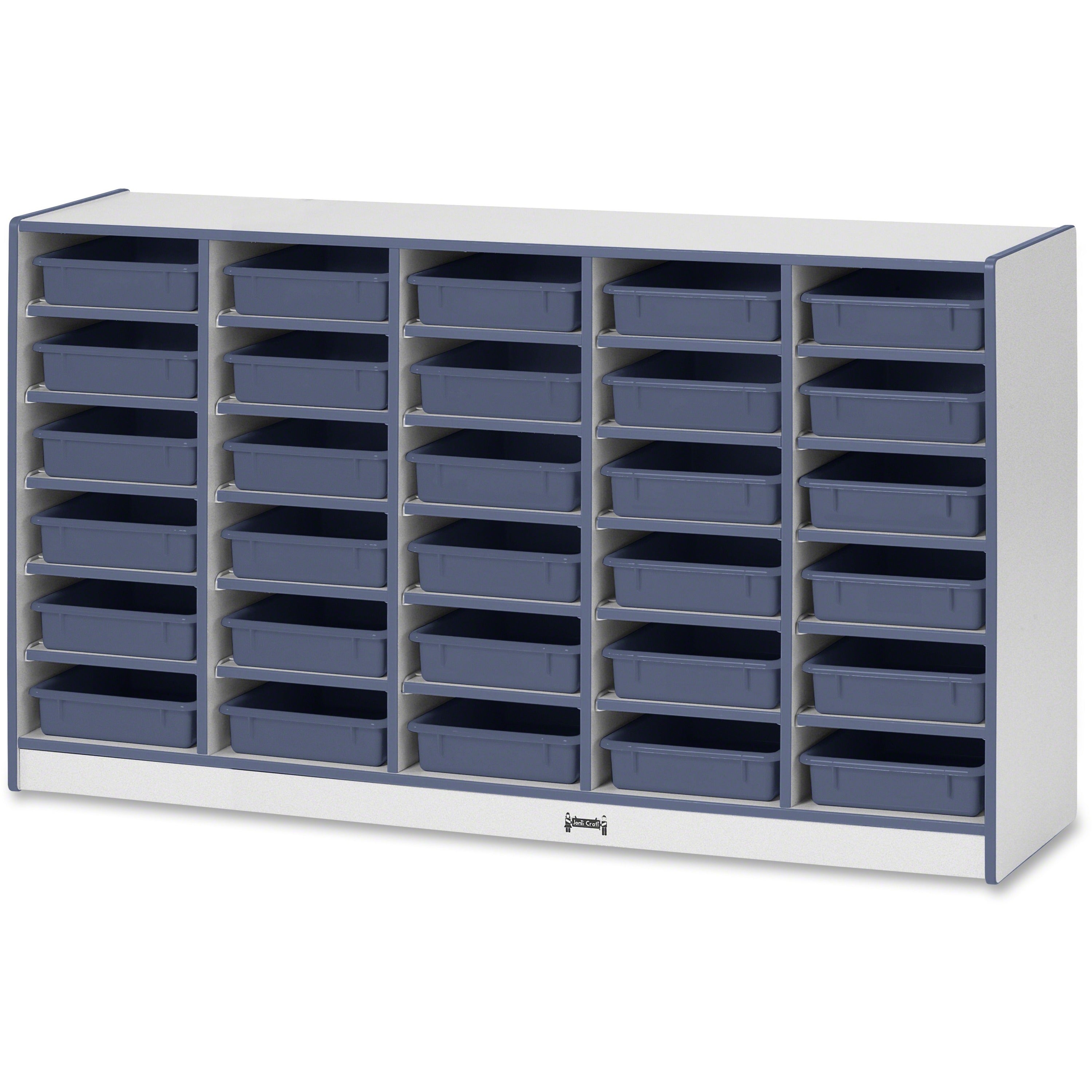 Jonti-Craft Rainbow Accents Mobile Paper-Tray Storage, 30 Compartments, 35.5"H x 60"W x 15"D, Navy, Chip Resistant, Laminated, Rubber, 1 Each