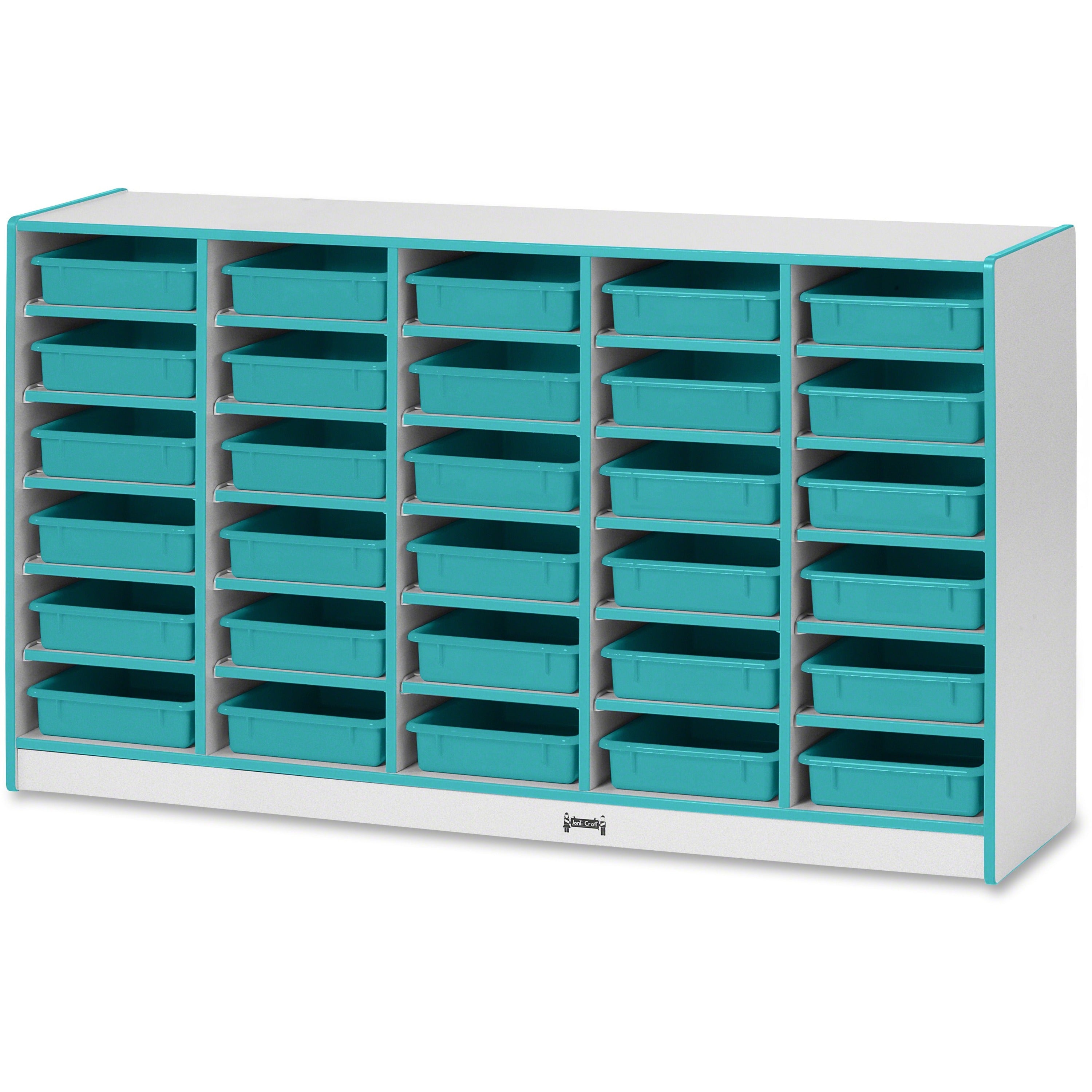 Jonti-Craft Rainbow Accents Mobile Paper-Tray Storage, 30 Compartments, Teal, 35.50"H x 60"W x 15"D, Chip Resistant, Laminated, Rubber, Includes 30 Paper Trays, 1 Each