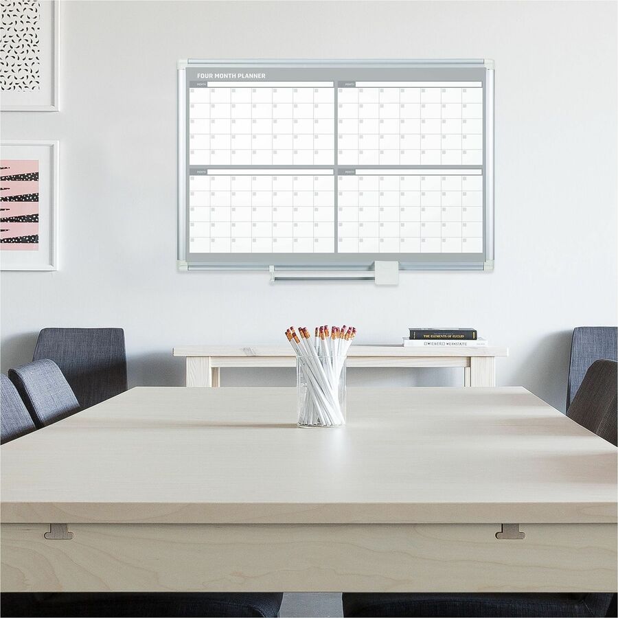 Monthly - 4 Month - Silver, White - Aluminum - 36" Height x 48" Width - Scratch Resistant, Ghost Resistant, Accessory Tray, Dry Erase Surface, Heavy Duty, Magnetic - 1 Each