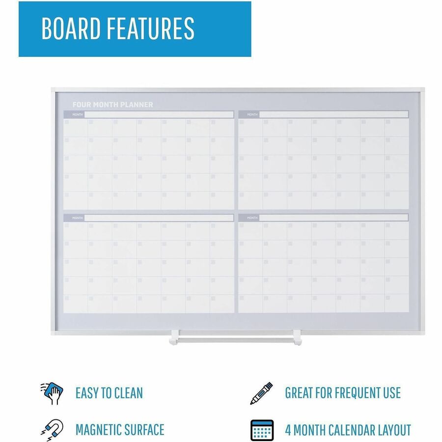 Monthly - 4 Month - Silver, White - Aluminum - 36" Height x 48" Width - Scratch Resistant, Ghost Resistant, Accessory Tray, Dry Erase Surface, Heavy Duty, Magnetic - 1 Each