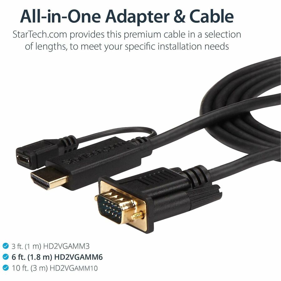 StarTech.com 6 ft HDMI to VGA Video Cable Adapter, HDMI Male & Micro USB Female to VGA Male, Black, 1 Each