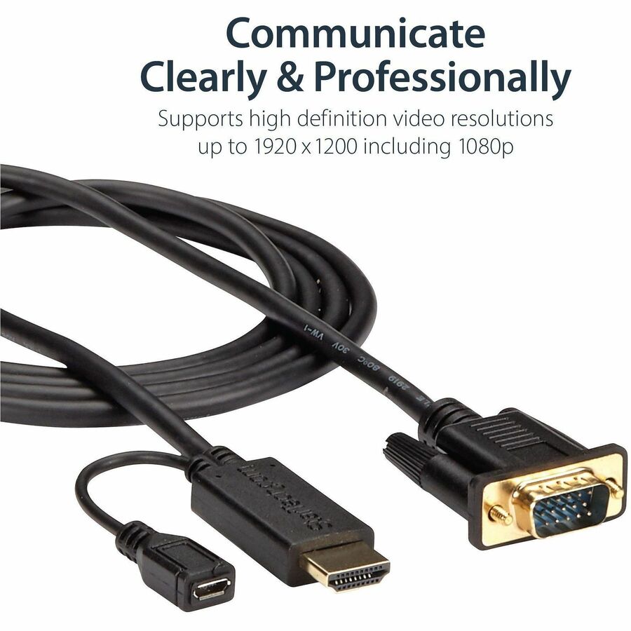 StarTech.com 6 ft HDMI to VGA Video Cable Adapter, HDMI Male & Micro USB Female to VGA Male, Black, 1 Each