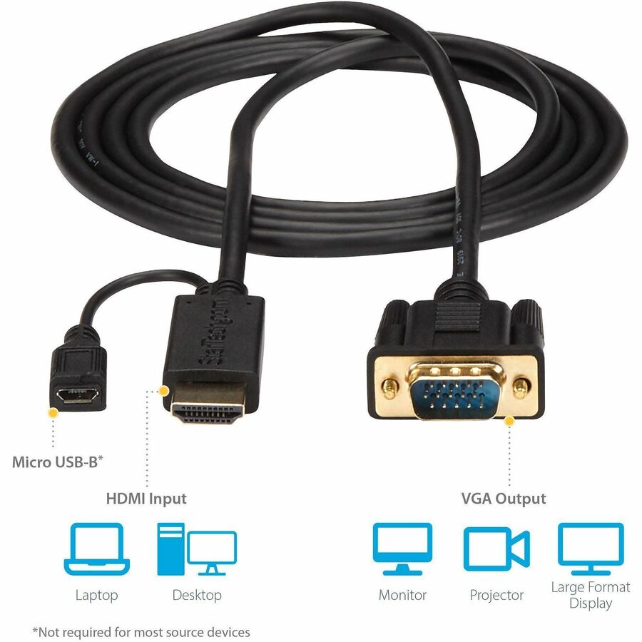 StarTech.com 6 ft HDMI to VGA Video Cable Adapter, HDMI Male & Micro USB Female to VGA Male, Black, 1 Each
