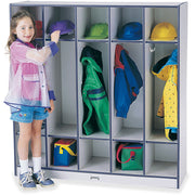 Jonti-Craft Rainbow Accents 5-Section Coat Locker, 5 Compartments, 50.5"H x 48"W x 15"D, Laminated, Kick Plate, Double Hook, Navy Blue, 1 Each