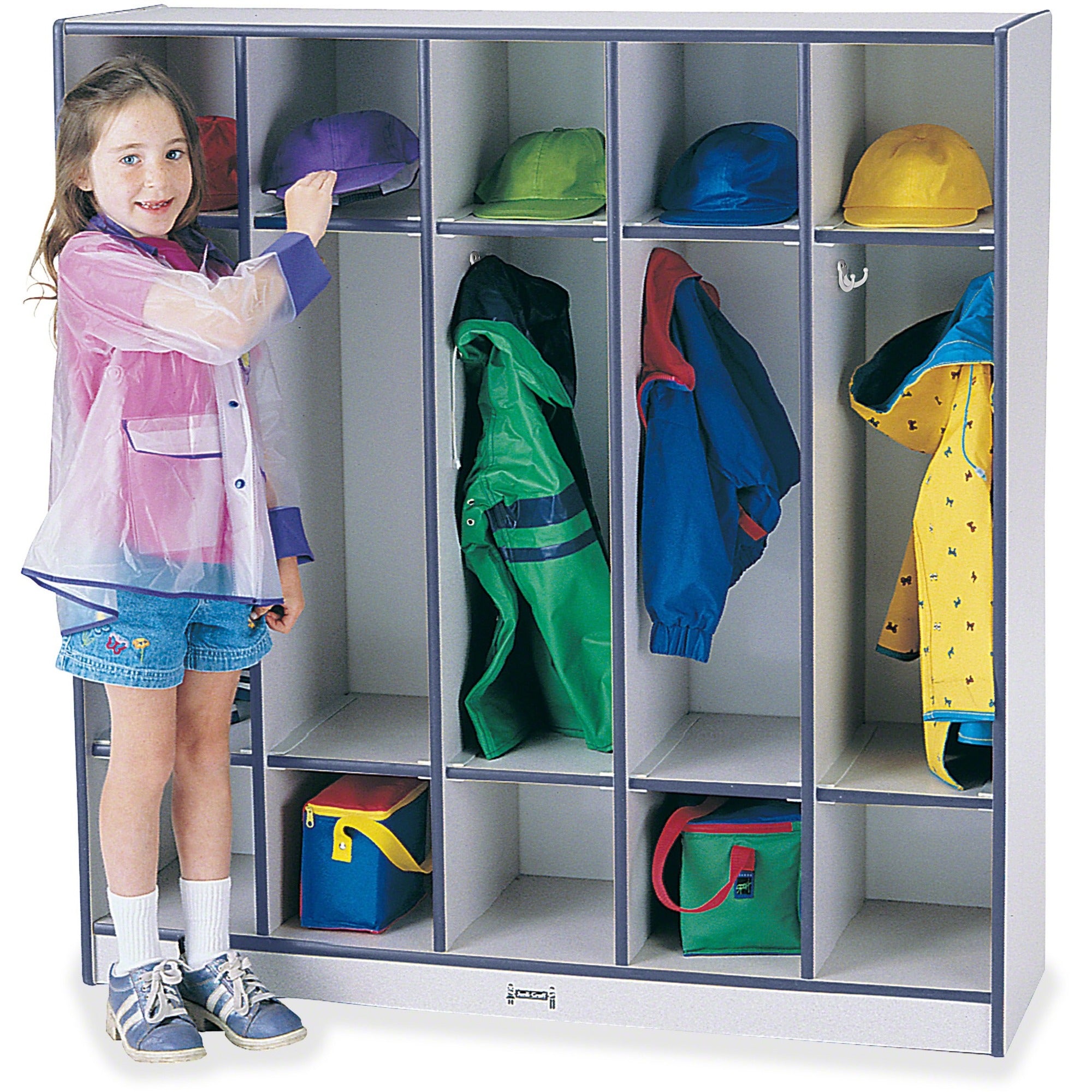 Jonti-Craft Rainbow Accents 5-Section Coat Locker, 5 Compartments, 50.5"H x 48"W x 15"D, Laminated, Kick Plate, Double Hook, Navy Blue, 1 Each