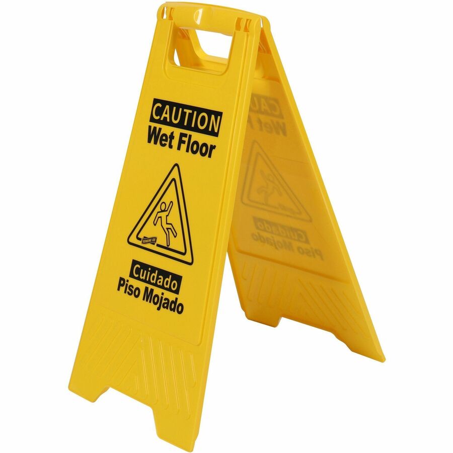 Genuine Joe Universal Graphic Wet Floor Sign - English, Spanish - Print/Message "Wet Floor" - Foldable - Yellow - 1 Each
