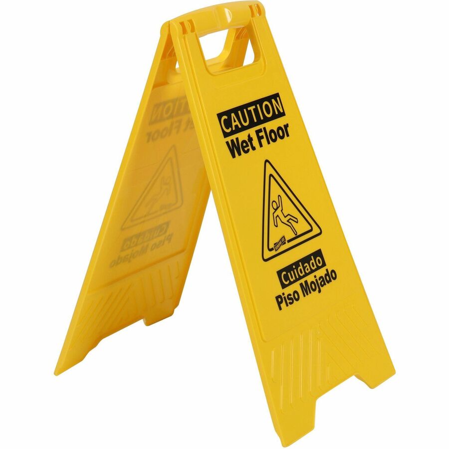 Genuine Joe Universal Graphic Wet Floor Sign - English, Spanish - Print/Message "Wet Floor" - Foldable - Yellow - 1 Each