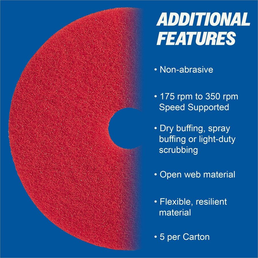 Genuine Joe Red Buffing Floor Pad - 20" Diameter x 1" Thickness - Buffing, Scrubbing, Floor - 175 rpm to 350 rpm Speed Supported - Flexible, Resilient, Rotate, Dirt Remover - Fiber - Red - 5 / Carton